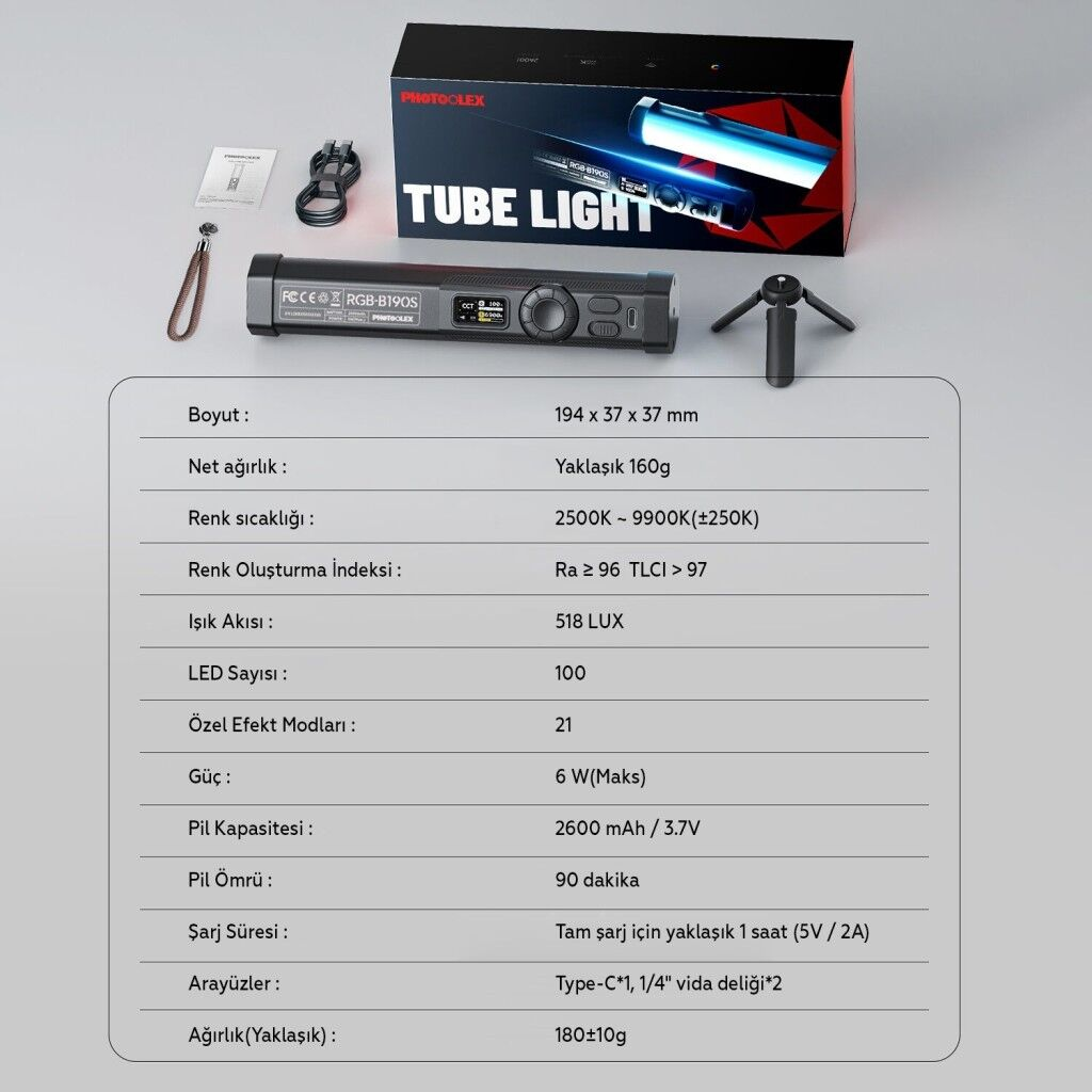 Photoolex B190S RGB LED Tube Light Profesyonel Video ve Fotoğraf Işığı - TF-LS-155LW-PL