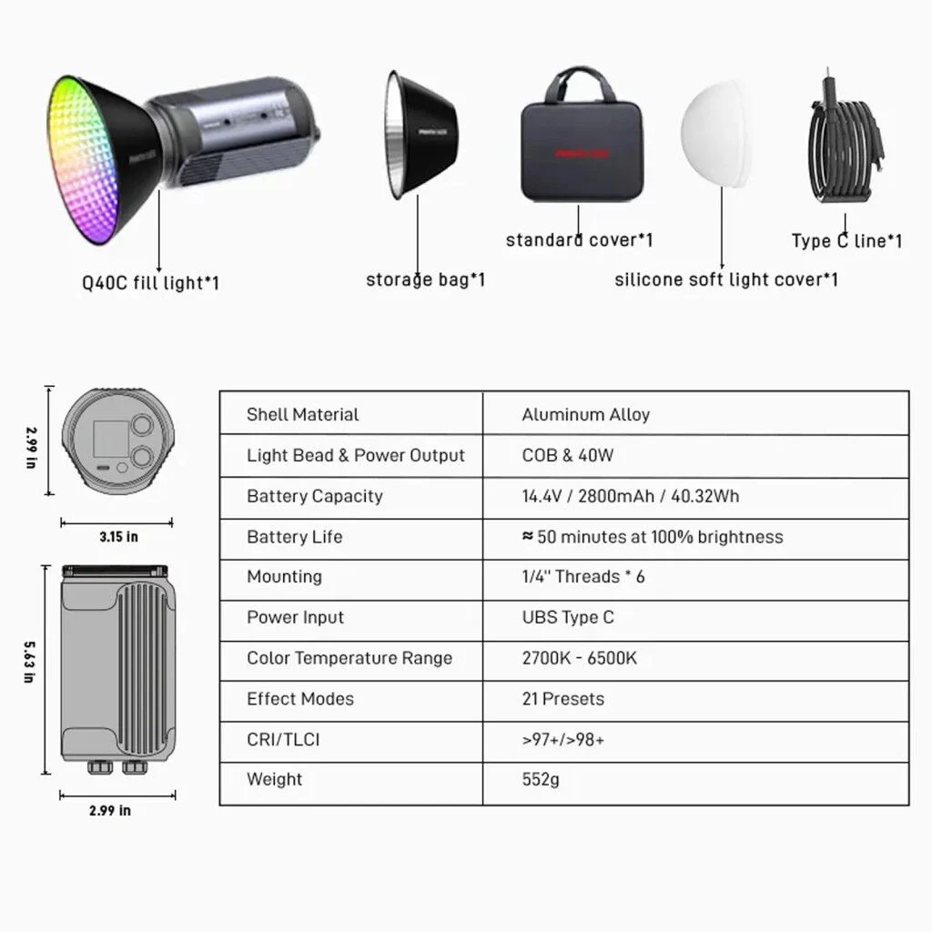 Photoolex Q40C 40W APP Kontrollü RGB Taşınabilir COB Video Işığı - LS-199PL