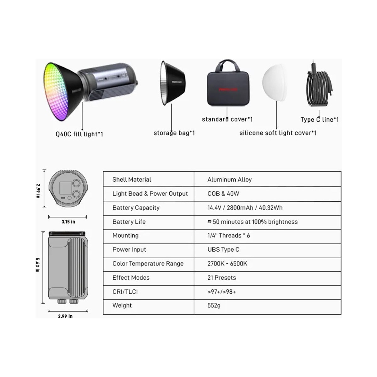 PHOTOOLEX Q40C 40W App Kontrollü Rgb Taşınabilir Cob Video Işığı - LS-199PL