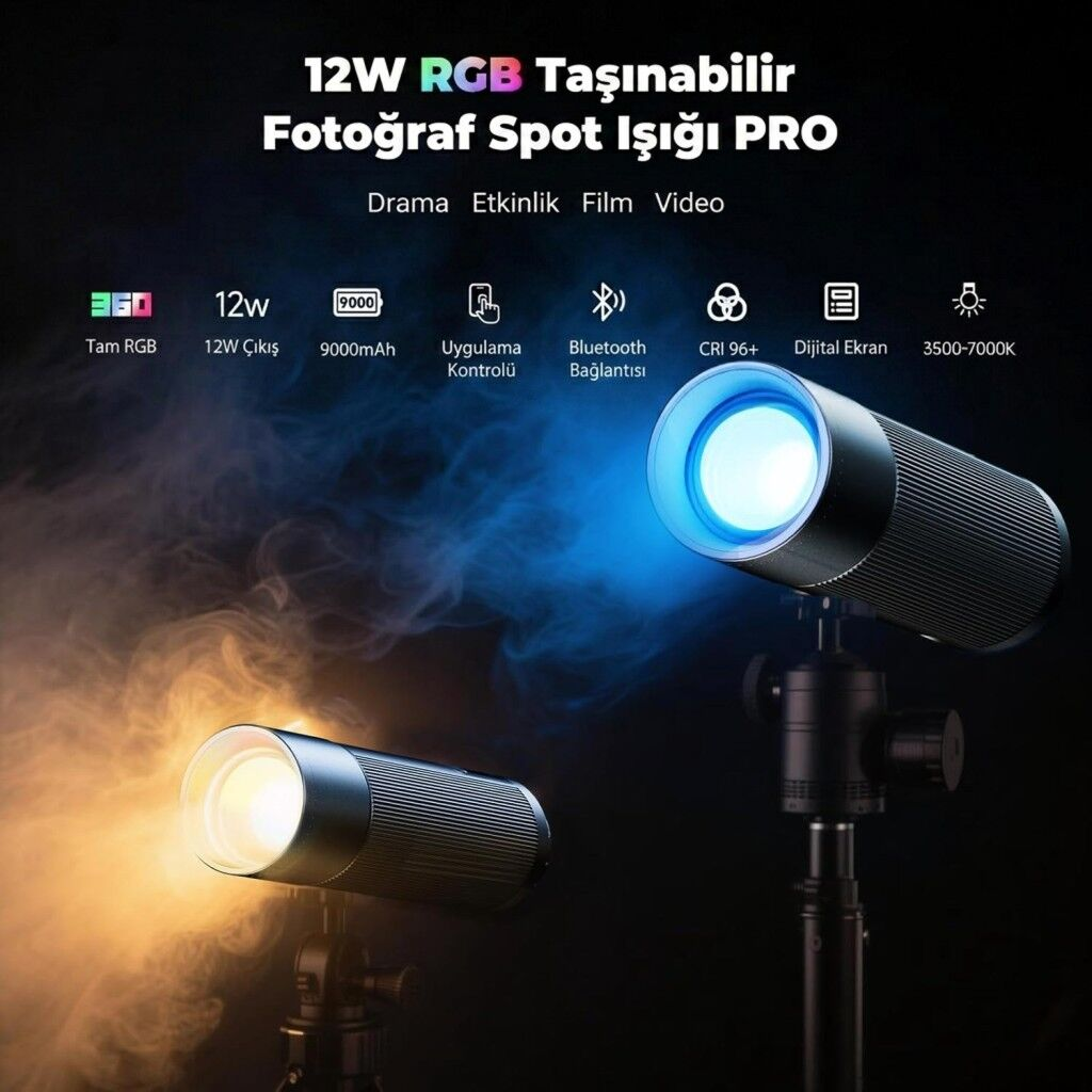 Photoolex Zoom Light Pro 12W RGB LED Spotlight Gobo Fotoğraf Işığı - TF-LS-083FS-G-PL