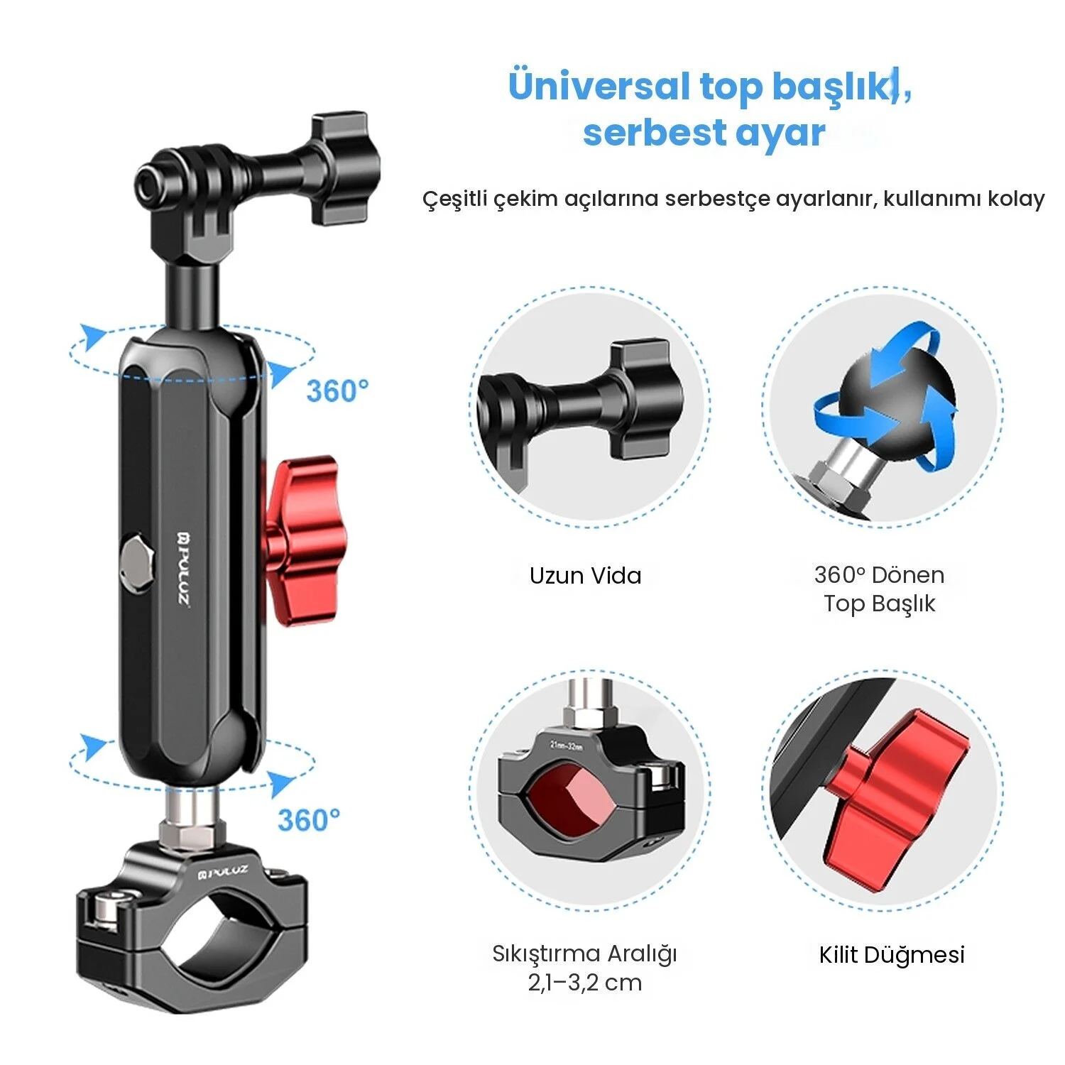 PULUZ Alüminyum Dikiz Aynası Magic Arm Kamera Tutucu Büyük Kıskaç