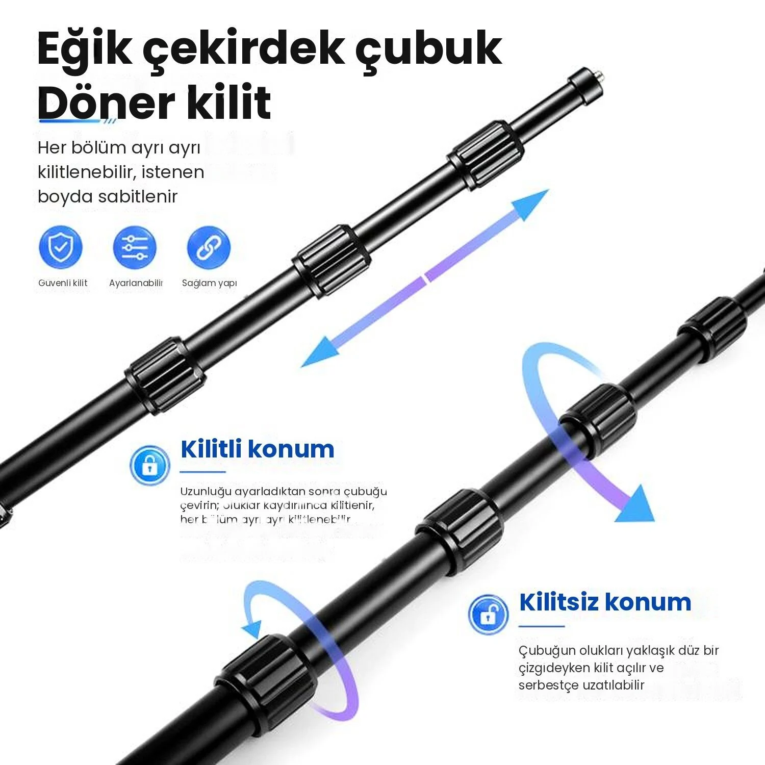 PULUZ Çift Kıskaçlı Gidon Seti ve 150 cm Kilitli Selfie Çubuğu