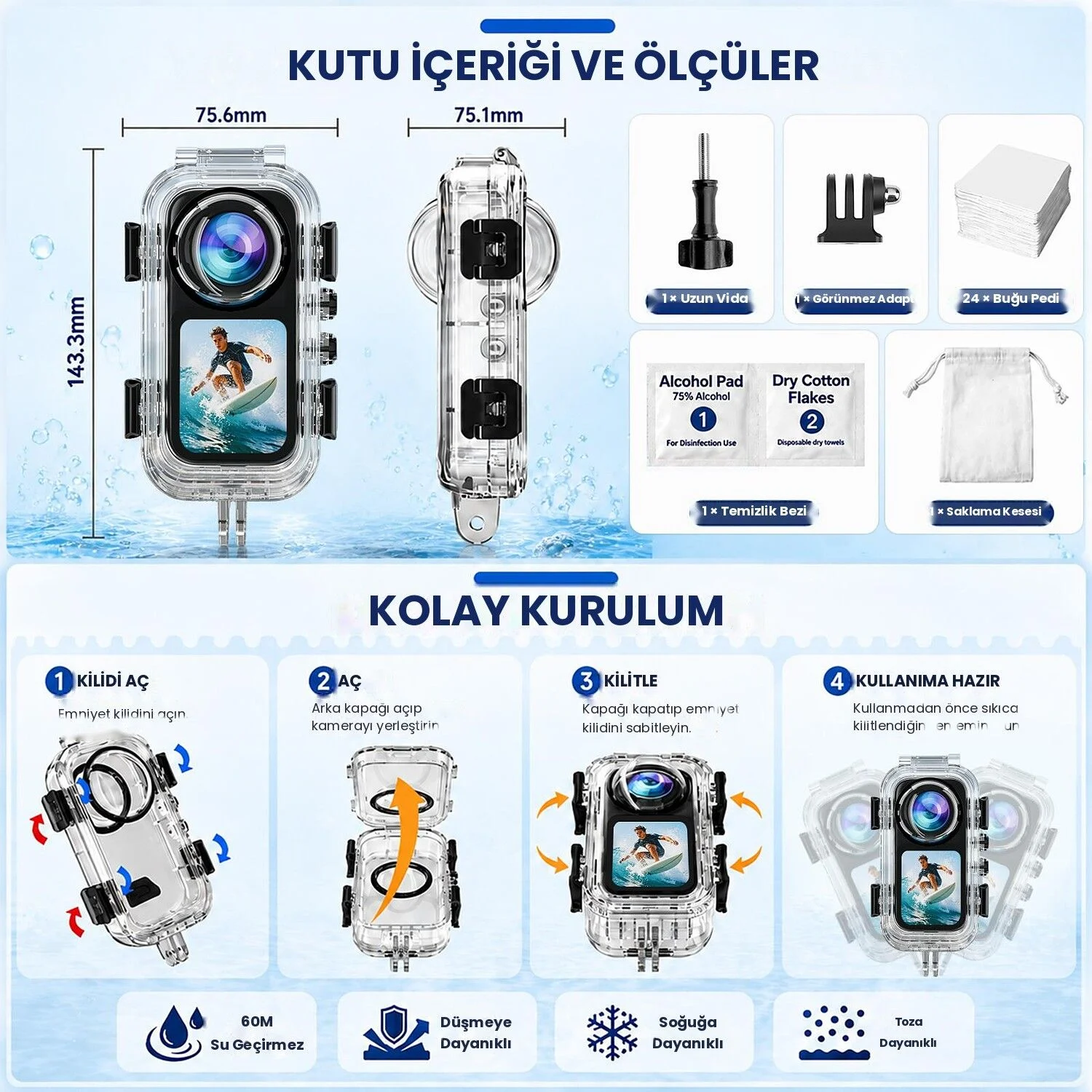 PULUZ Insta360 X6 60m Su Altı Dalış Kabı (Dive Case)