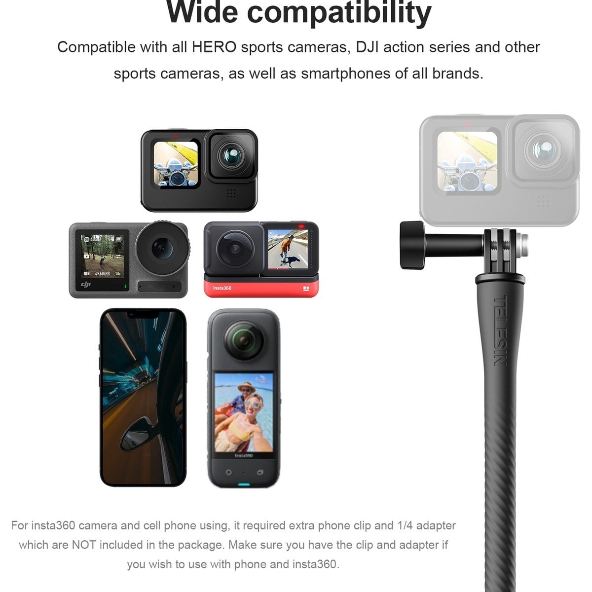 Telesın Gopro, Osmo Action, INSTA360 ile Uyumlu Aksiyon Kameralar Için Esnek Montaj Aparatı