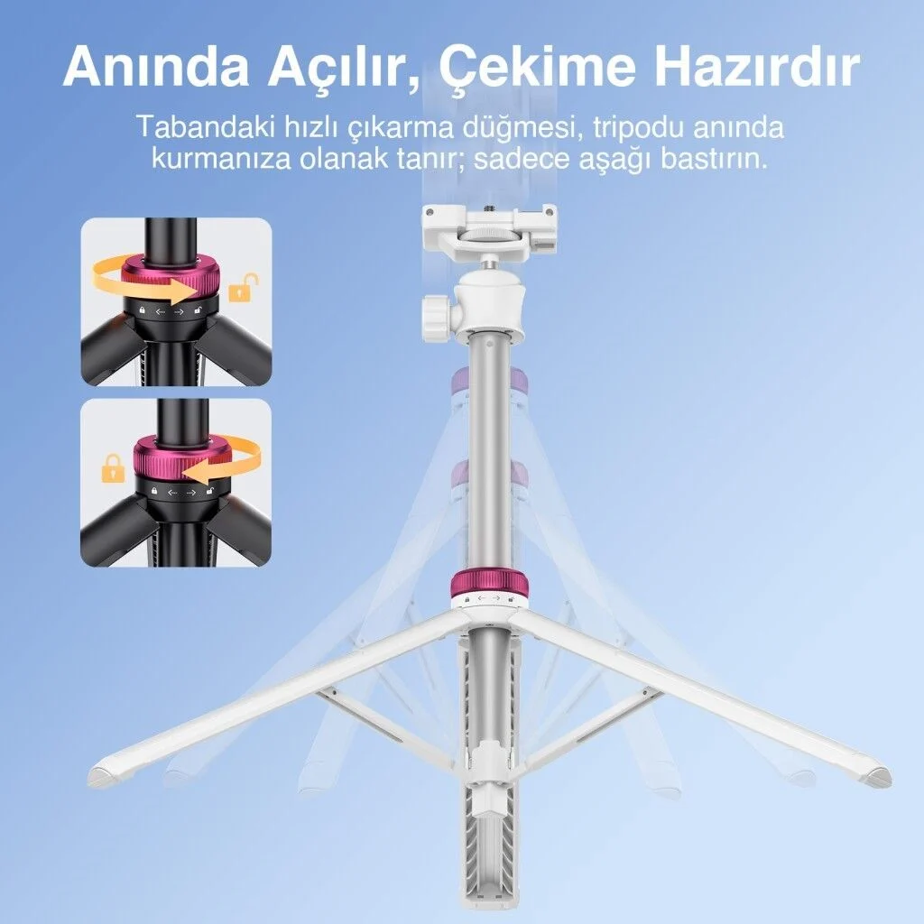 Ulanzi MT-44 149cm 2si 1 Arada Hızlı Açılır Selfie Çubuğu Tripod Telefon Kamera Uyumlu Beyaz - 2503E