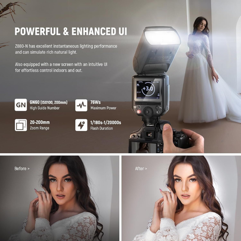 Z880-N TTL Nikon Uyumlu 76W Akülü Tepe Flaşı