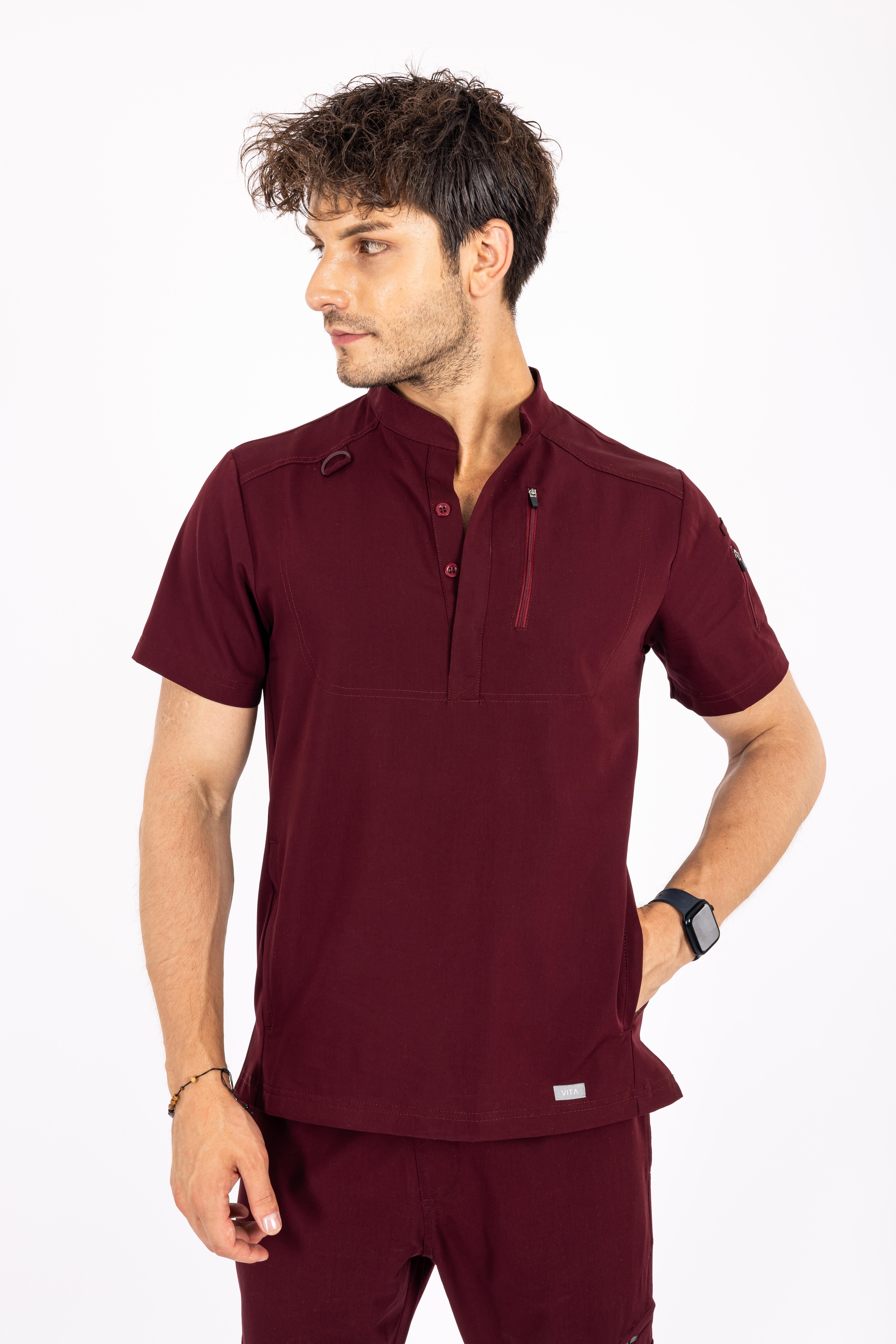 Freddo Vita Bordo Erkek Scrubs Üst - Medikal Giyim Uniform