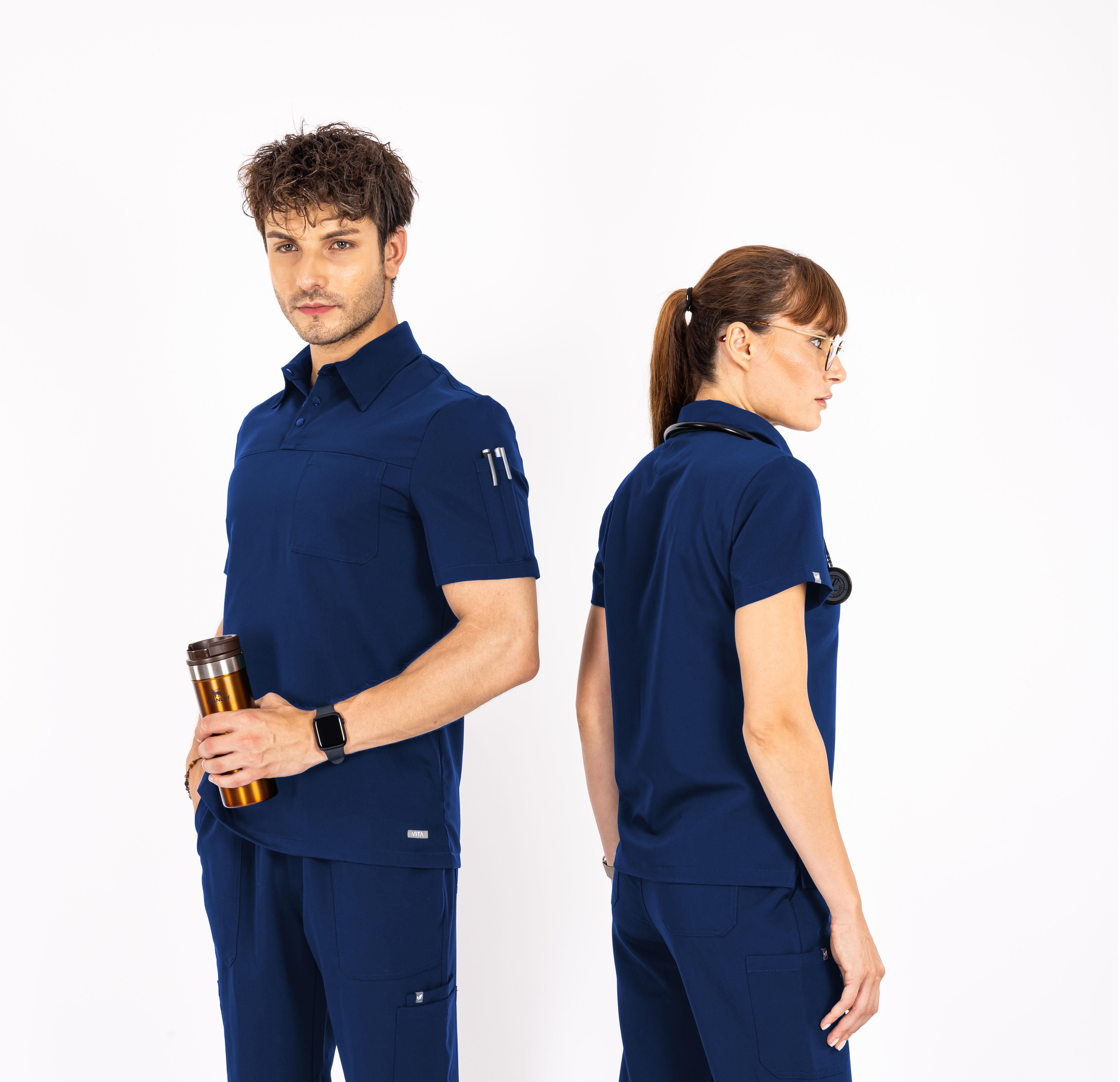 Gusto Vita Saks Mavisi Üst Erkek Scrubs Cerrahi Forma - Medikal Giyim Uniform