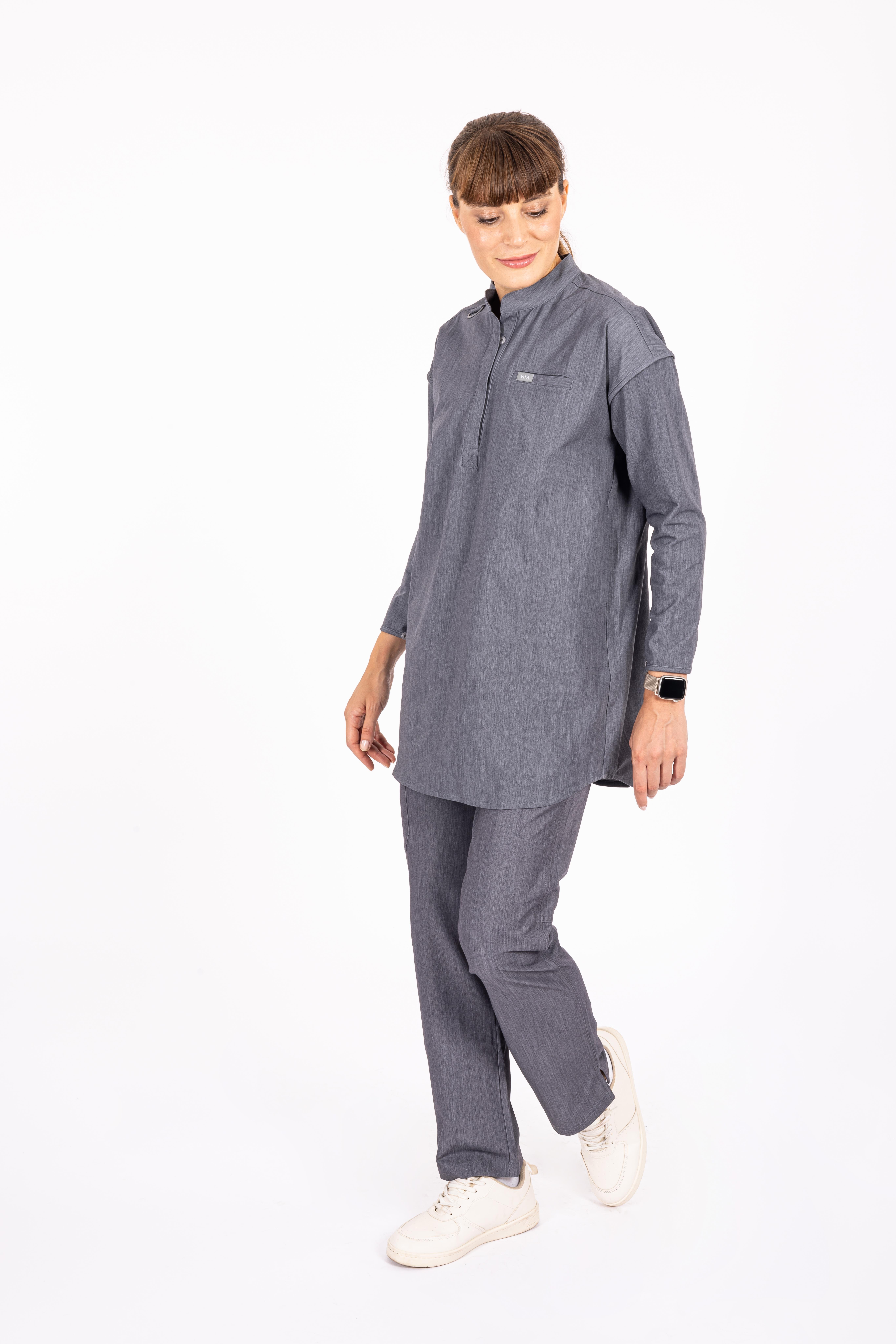 Lungo Hijab Vita Gri Kadın Scrubs Üst - Tesettür Forma Scrubs