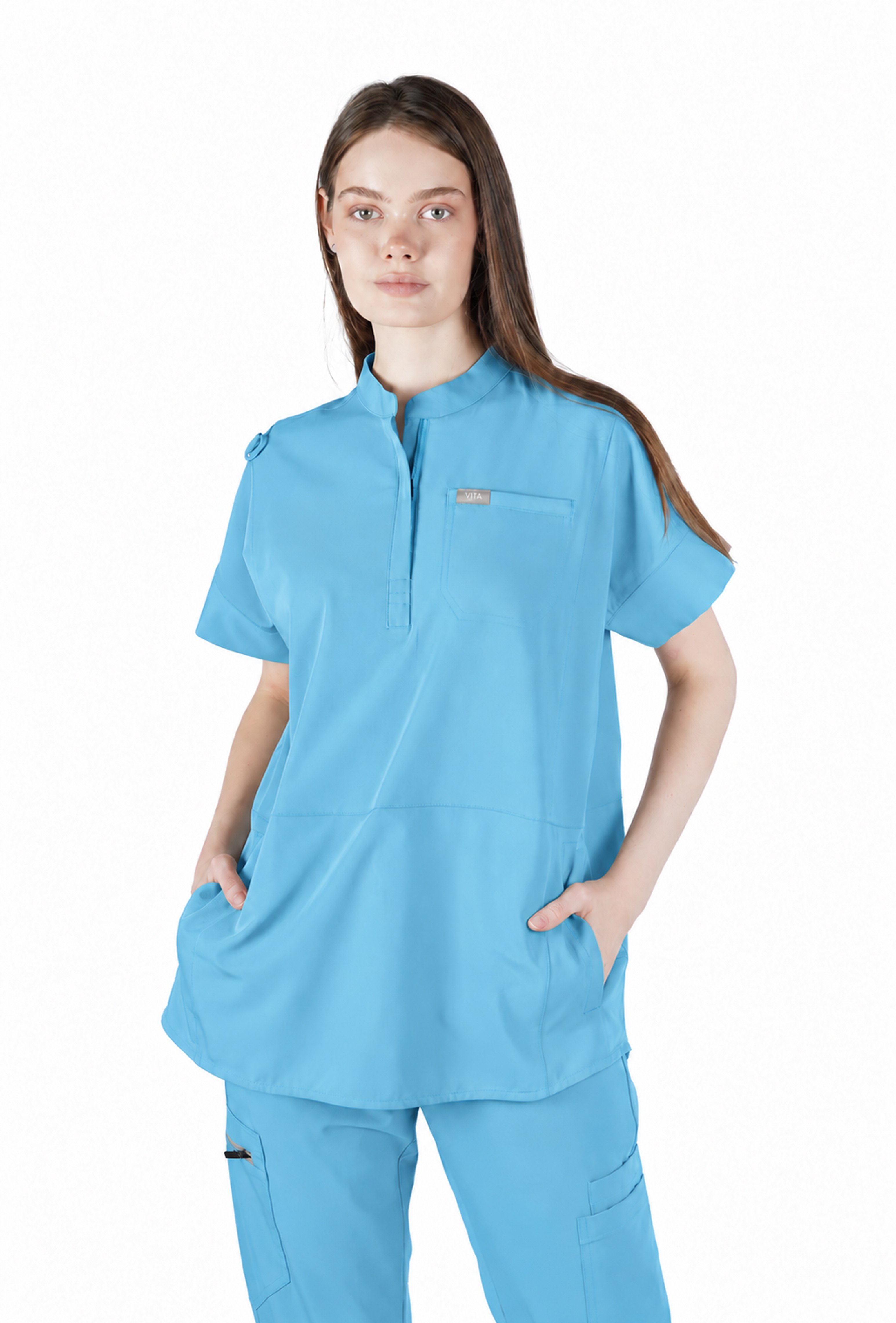 Bella VITA Alaska Blue Üst Kadın Scrubs Cerrahi Forma - Medikal Giyim Uniform