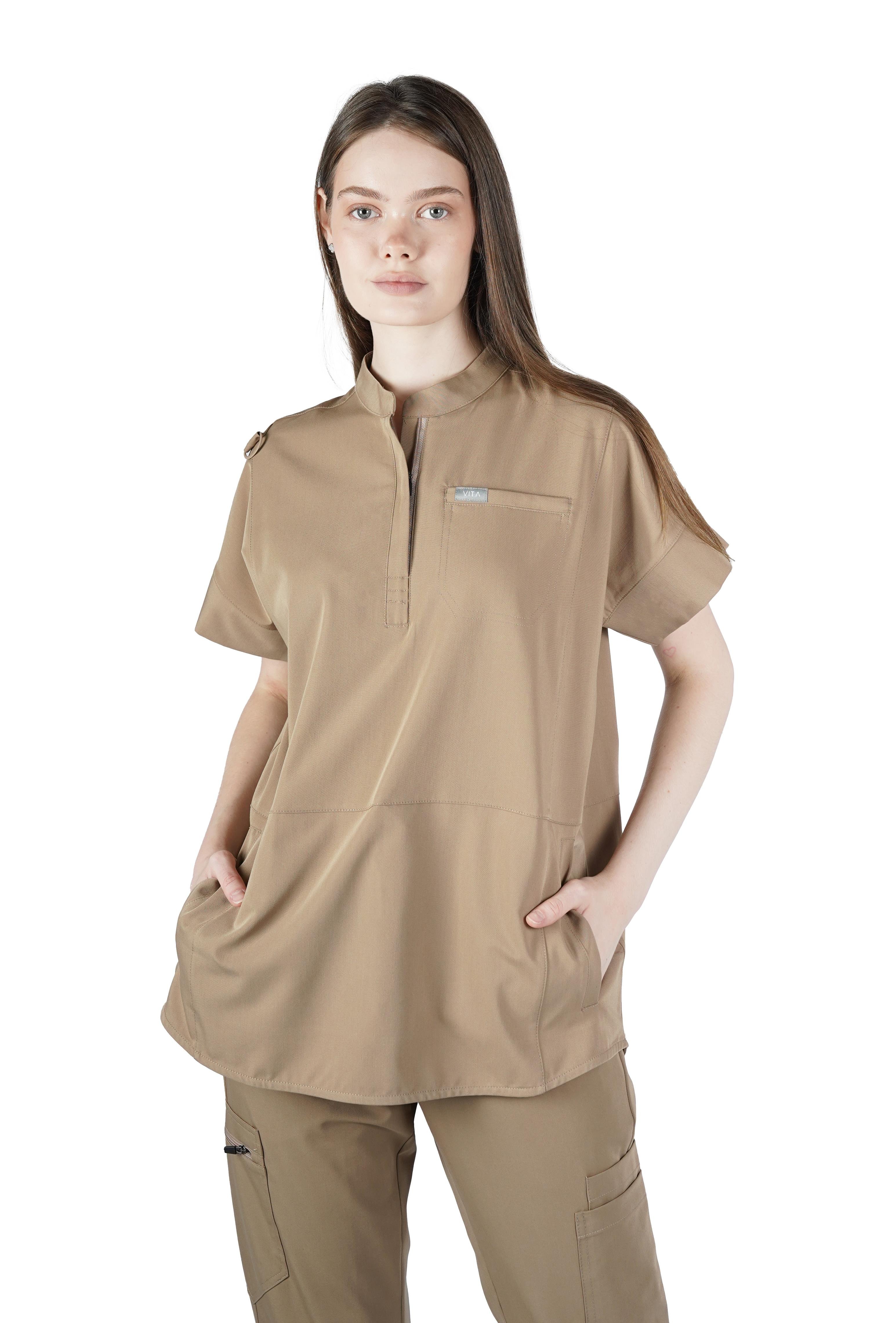 Bella VITA Bej Üst Kadın Scrubs Cerrahi Forma - Medikal Giyim Uniform