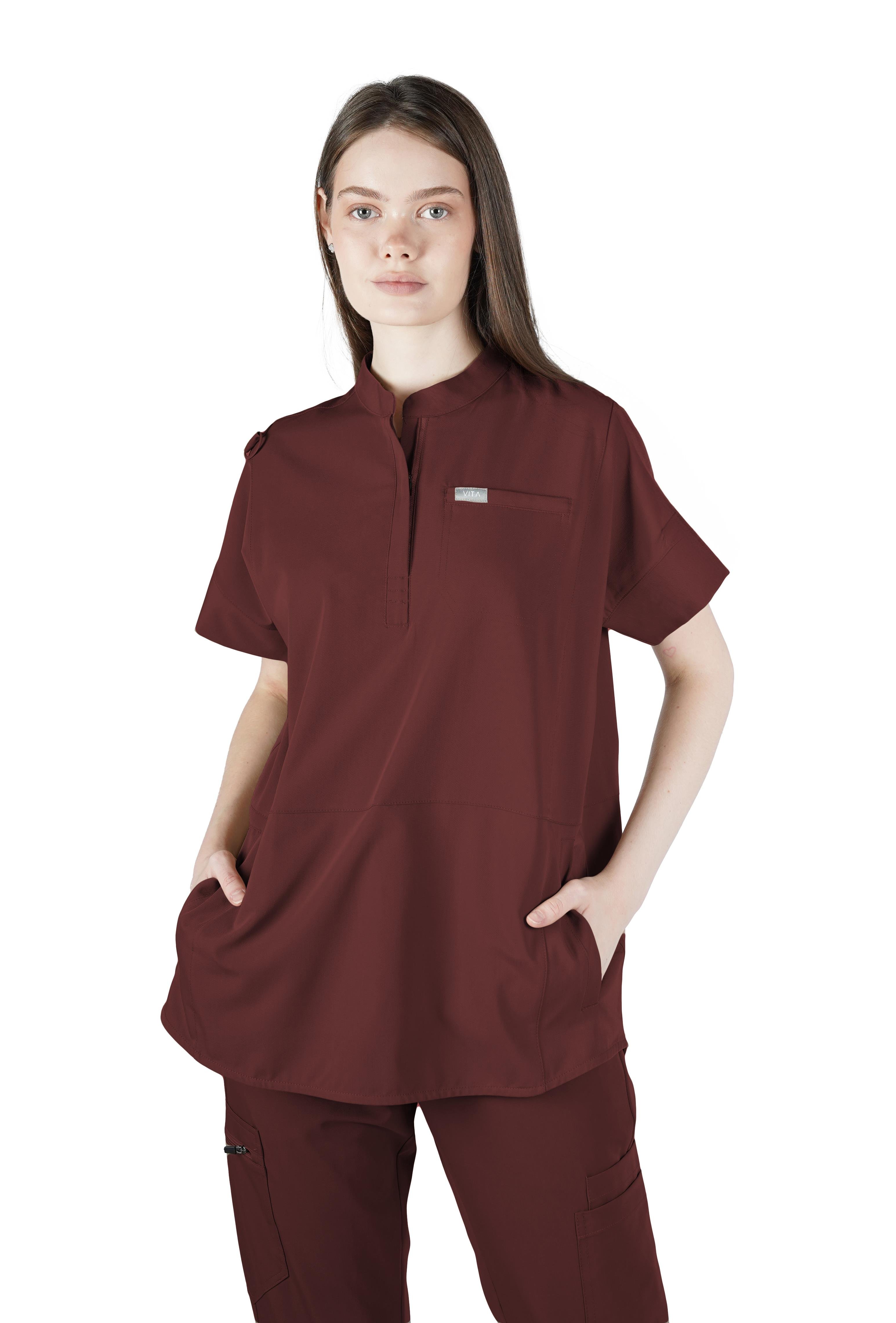 Bella VITA Bordo Üst Kadın Scrubs Cerrahi Forma - Medikal Giyim Uniform