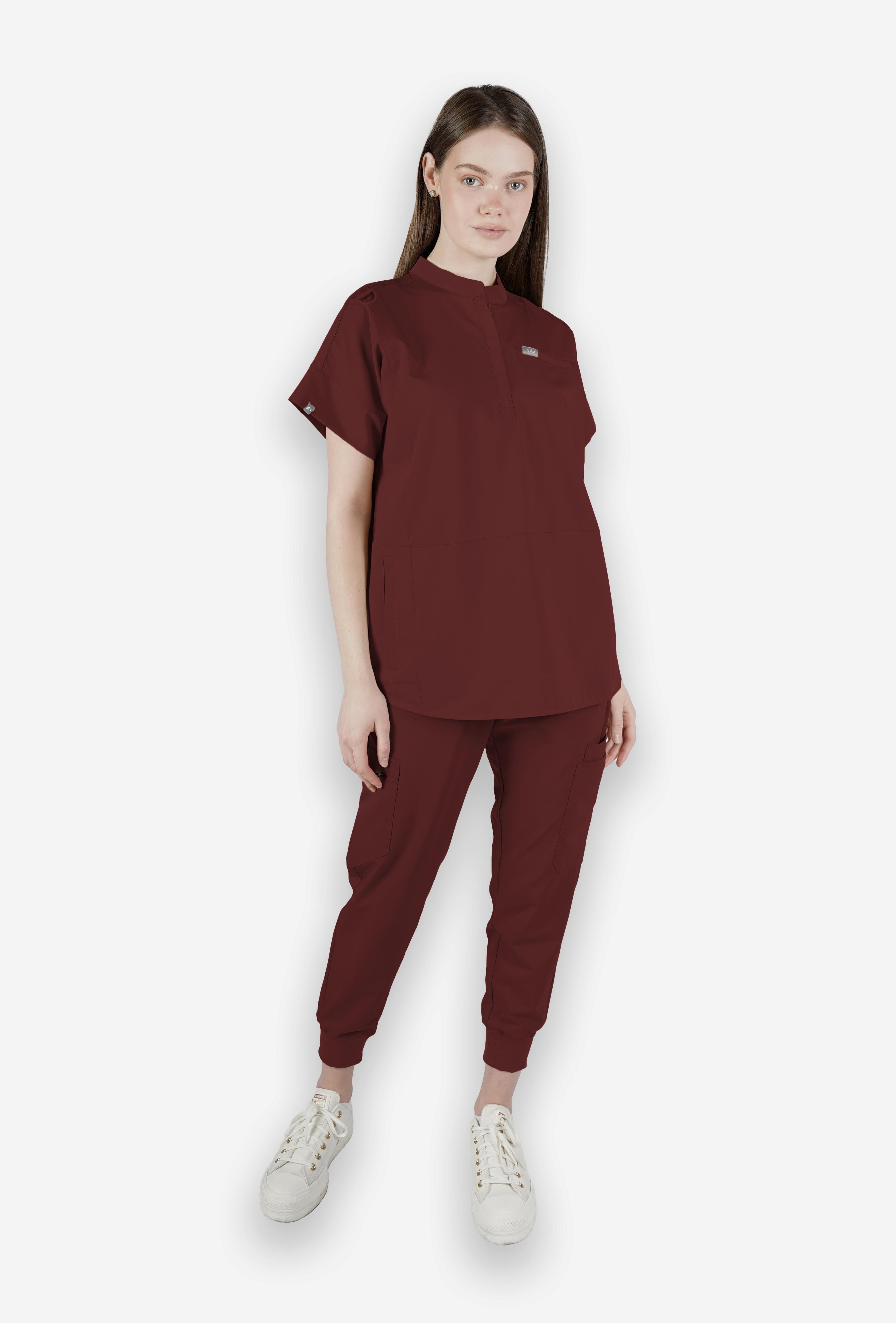 Bella VITA Bordo Üst Kadın Scrubs Cerrahi Forma - Medikal Giyim Uniform