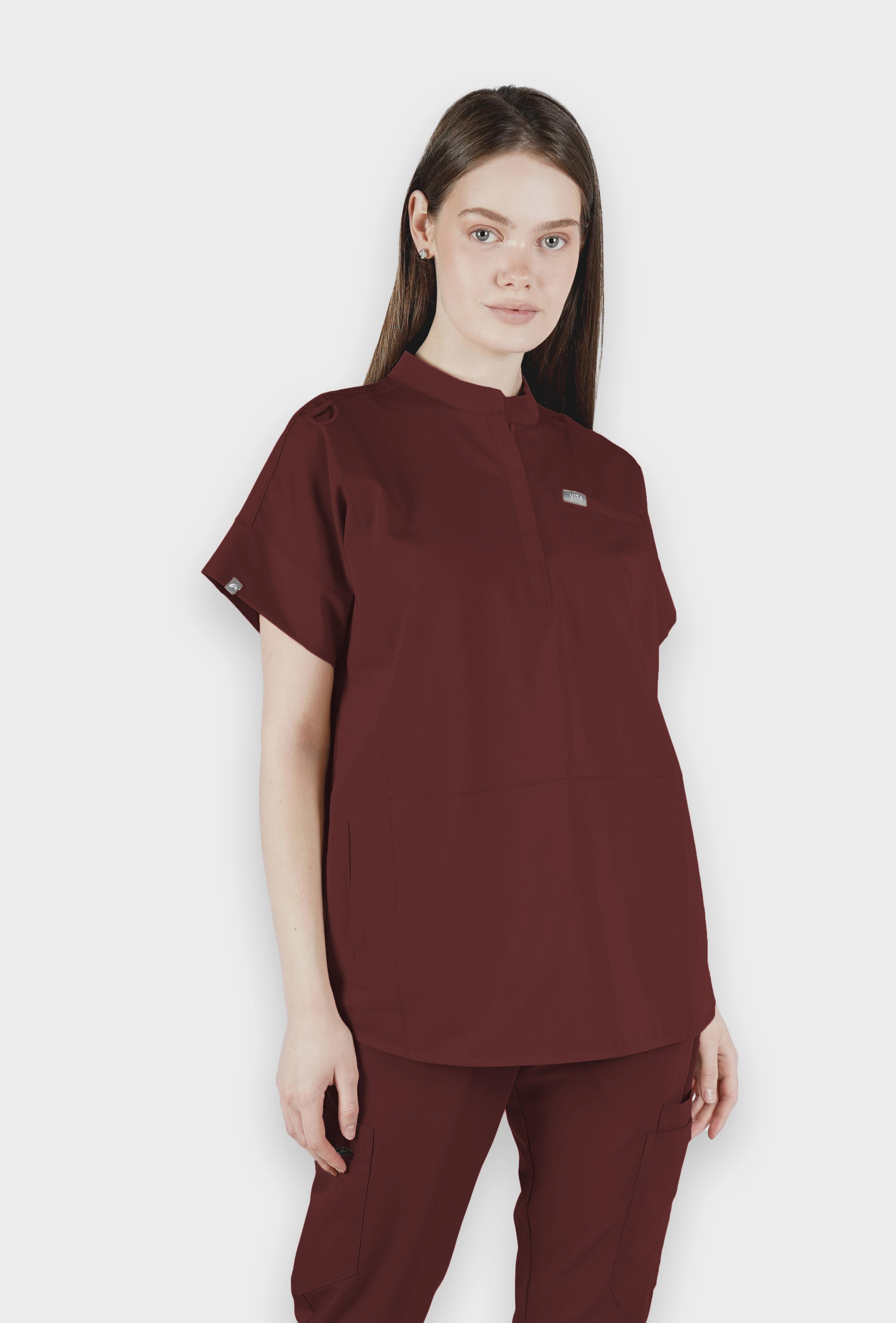 Bella VITA Bordo Üst Kadın Scrubs Cerrahi Forma - Medikal Giyim Uniform