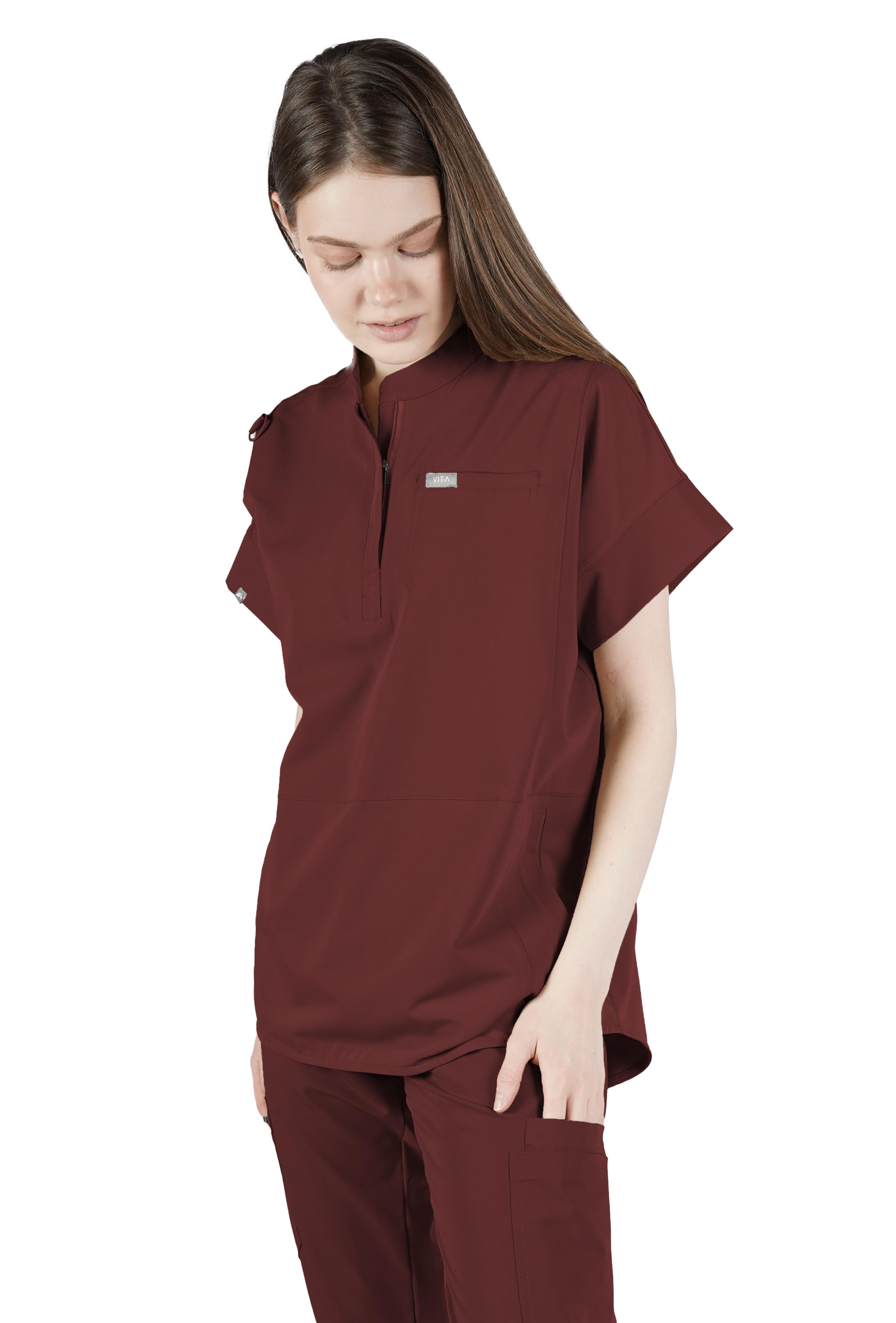Bella VITA Bordo Üst Kadın Scrubs Cerrahi Forma - Medikal Giyim Uniform