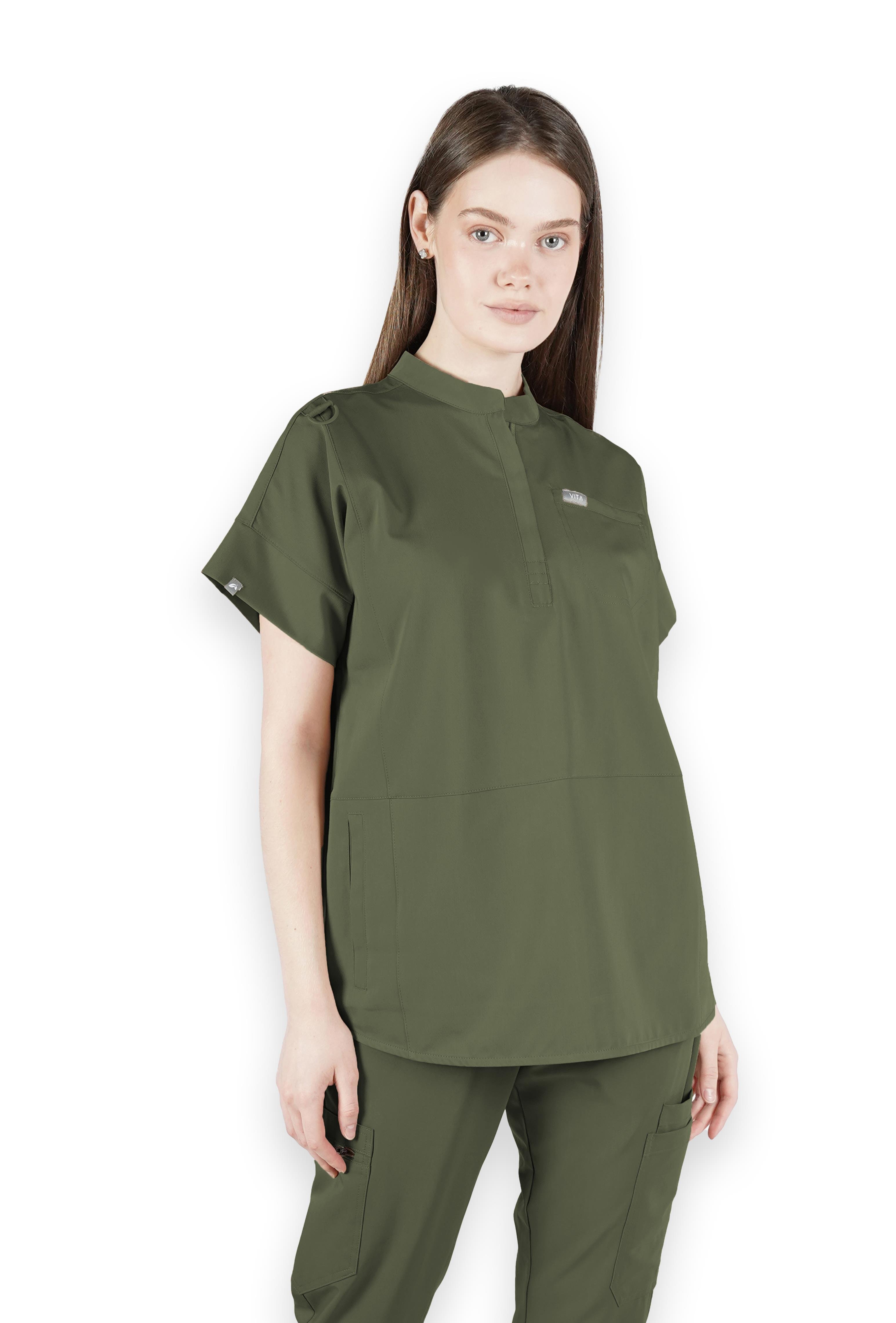 Bella VITA Haki Üst Kadın Scrubs Cerrahi Forma - Medikal Giyim Uniform