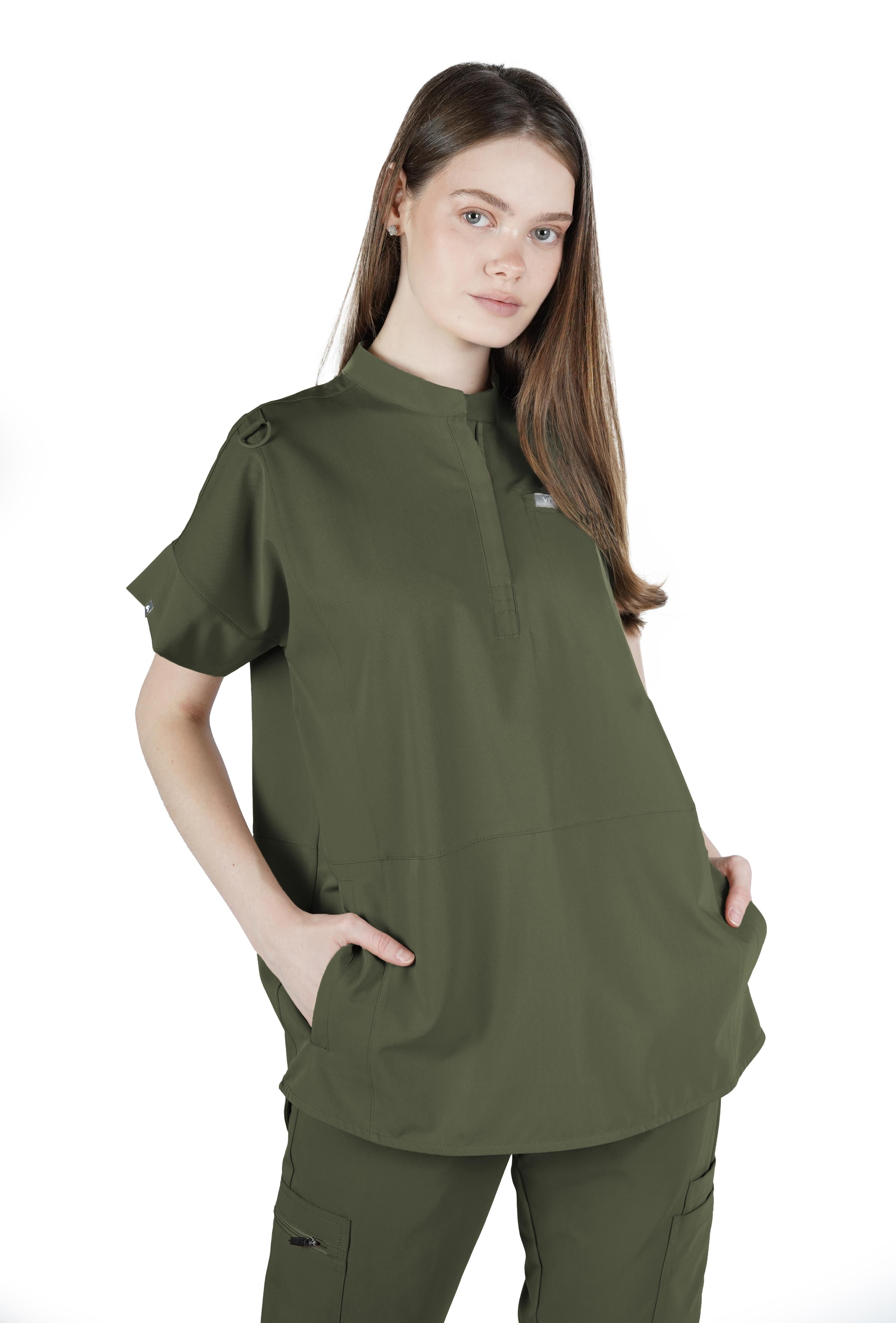 Bella VITA Haki Üst Kadın Scrubs Cerrahi Forma - Medikal Giyim Uniform