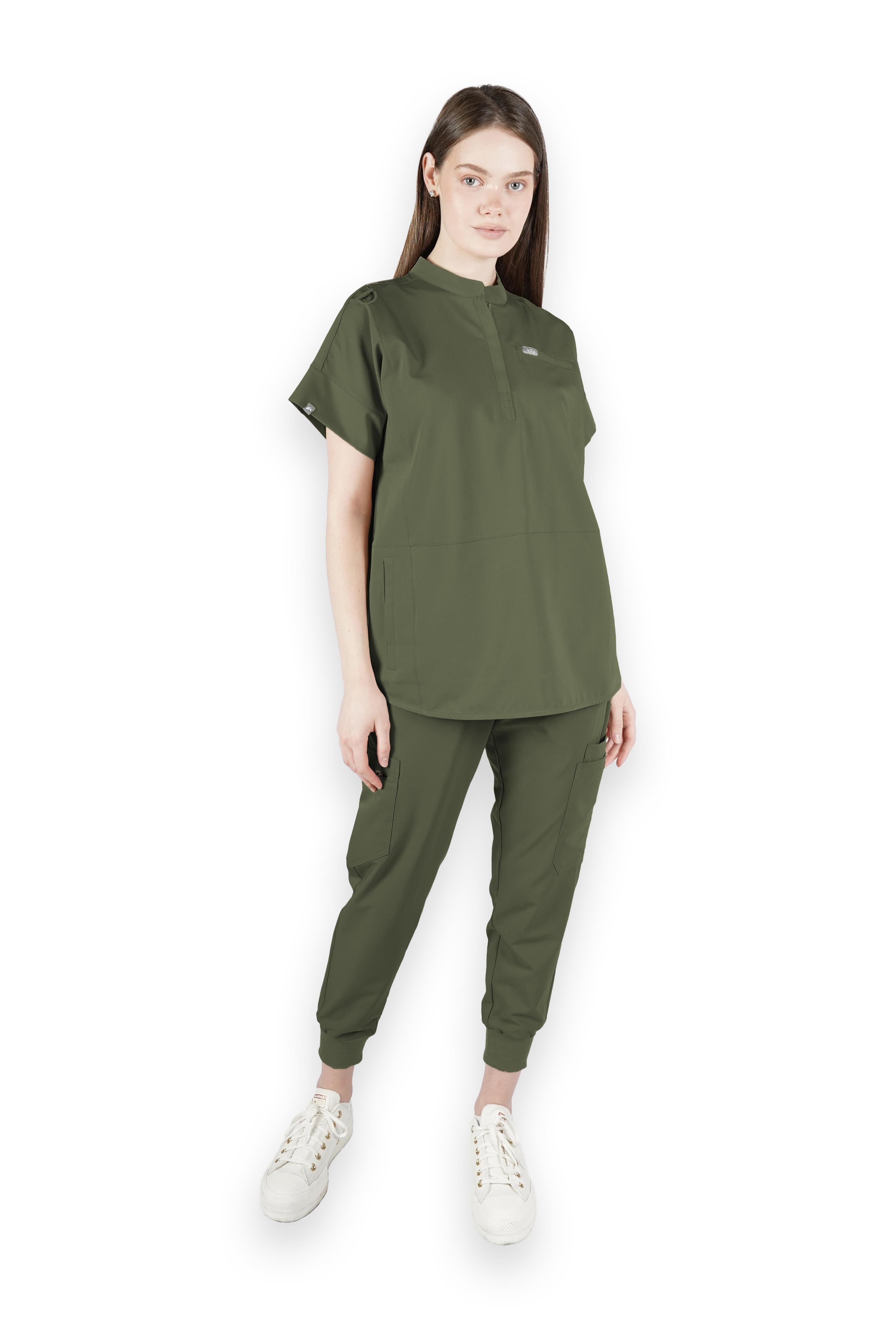 Bella VITA Haki Üst Kadın Scrubs Cerrahi Forma - Medikal Giyim Uniform