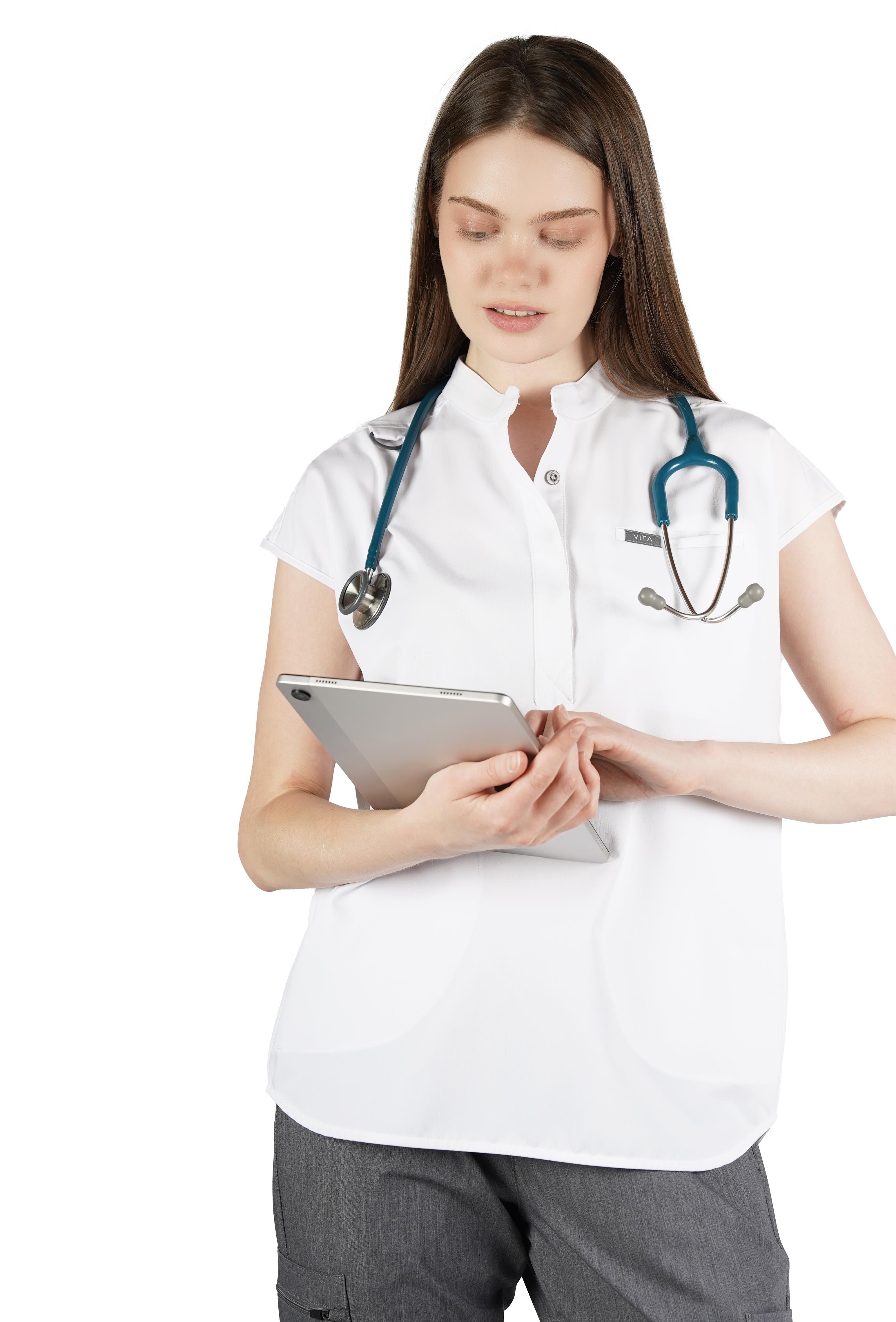Elegante Vita Beyaz Üst Kadın Scrubs Cerrahi Forma - Medikal Giyim Uniform