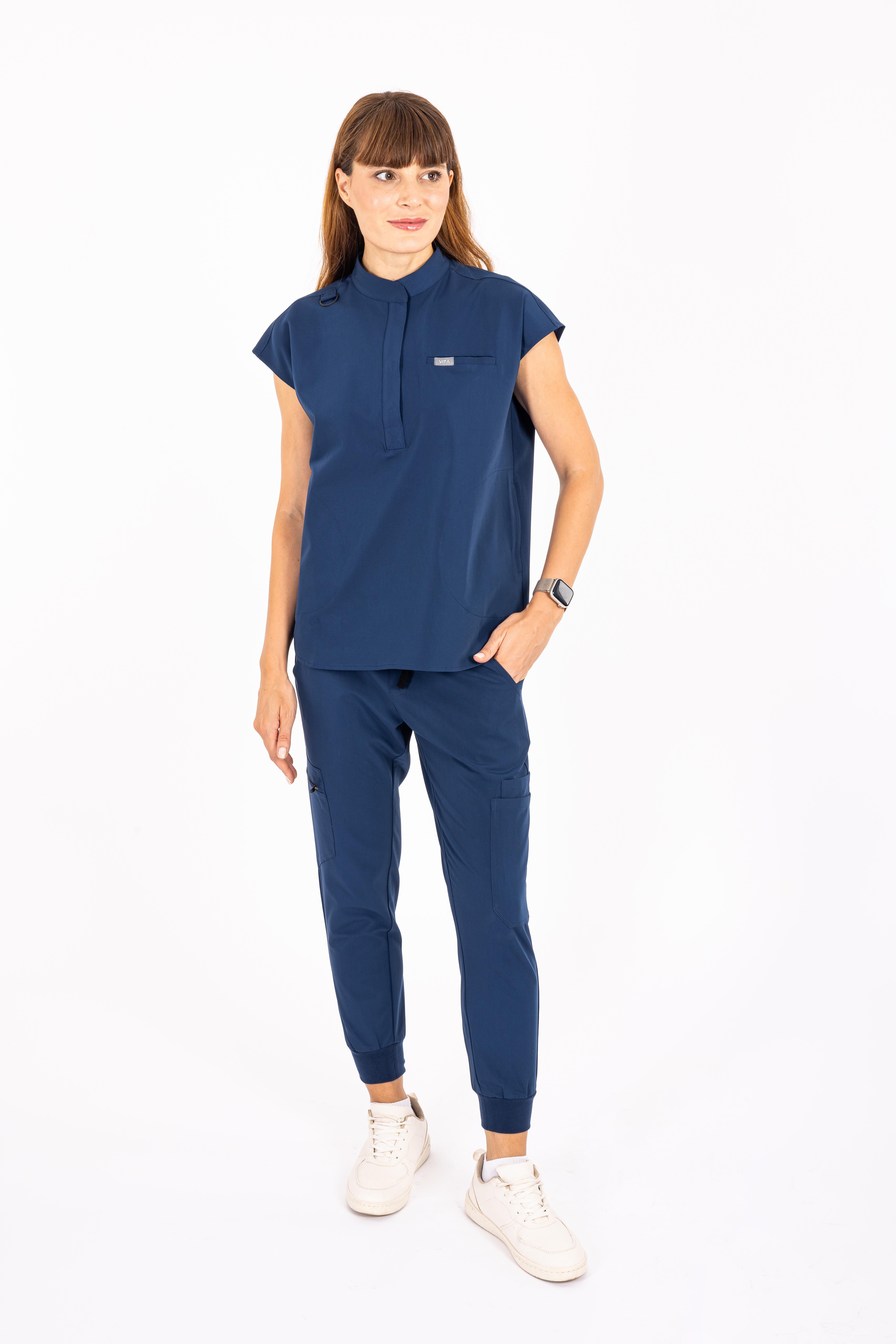 Elegante VITA Saks Mavisi Üst Kadın Scrubs Cerrahi Forma - Medikal Giyim Uniform