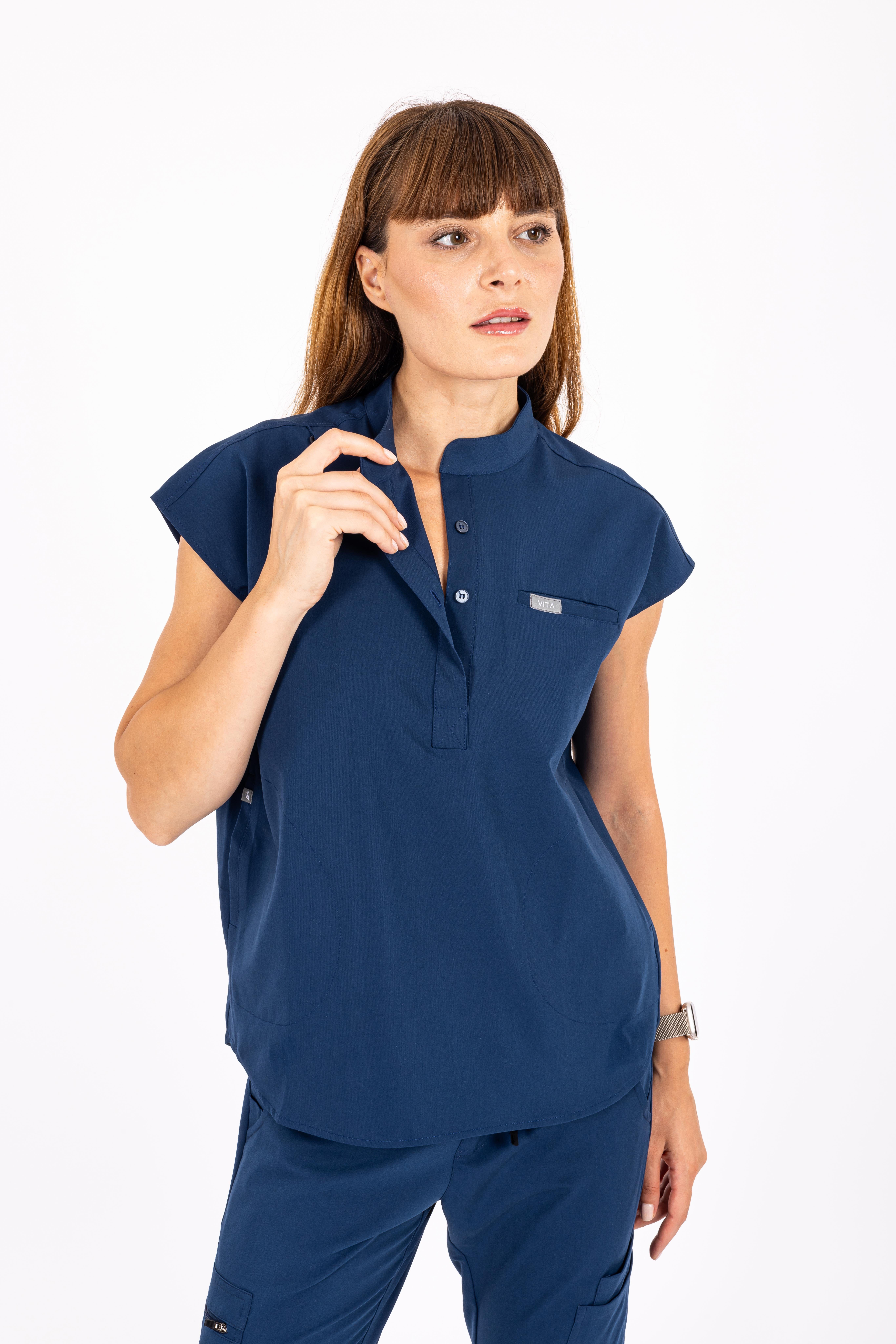 Elegante VITA Saks Mavisi Üst Kadın Scrubs Cerrahi Forma - Medikal Giyim Uniform