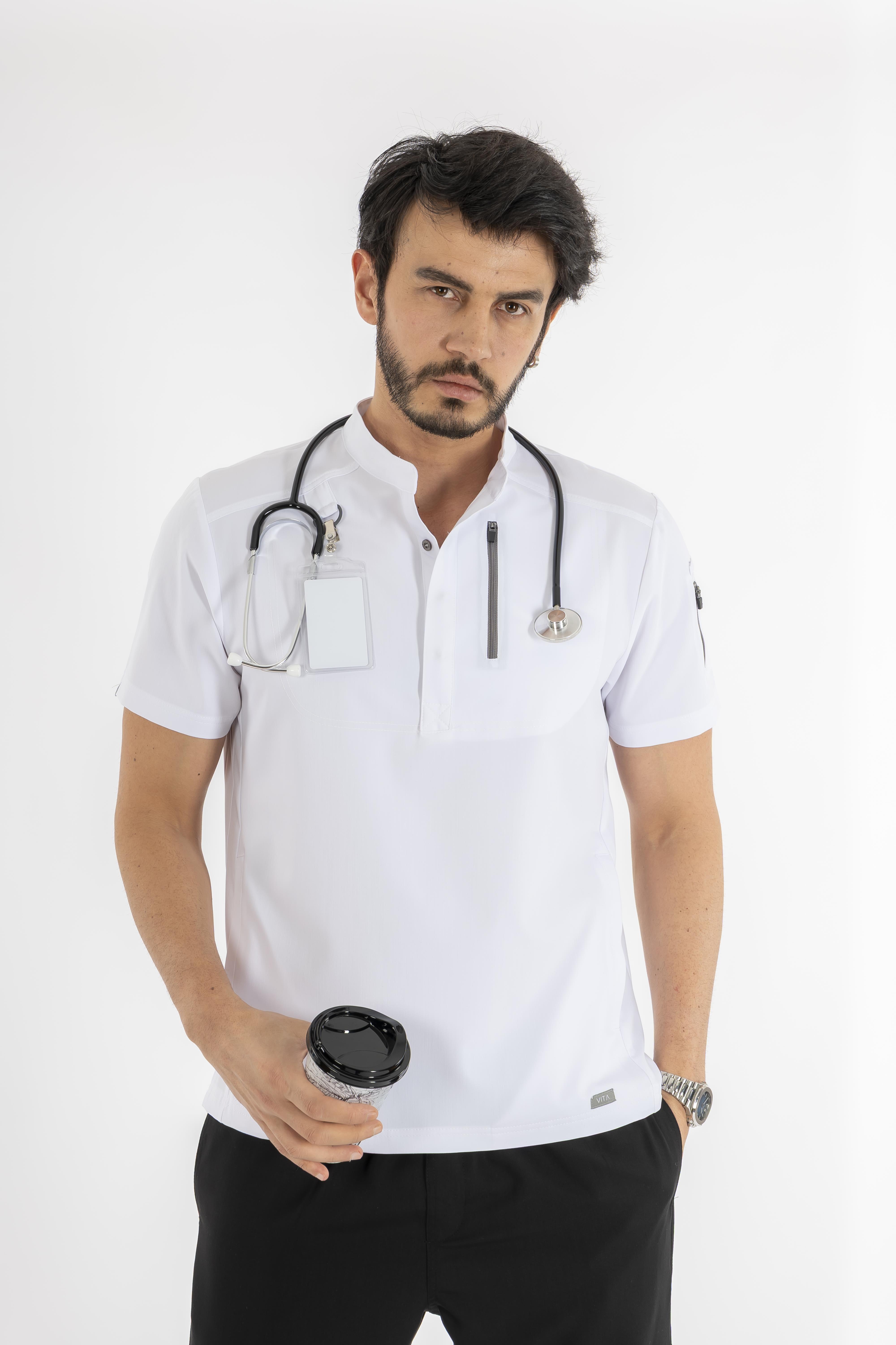 Freddo Vita Beyaz Üst Erkek Scrubs Cerrahi Forma - Medikal Giyim Uniform