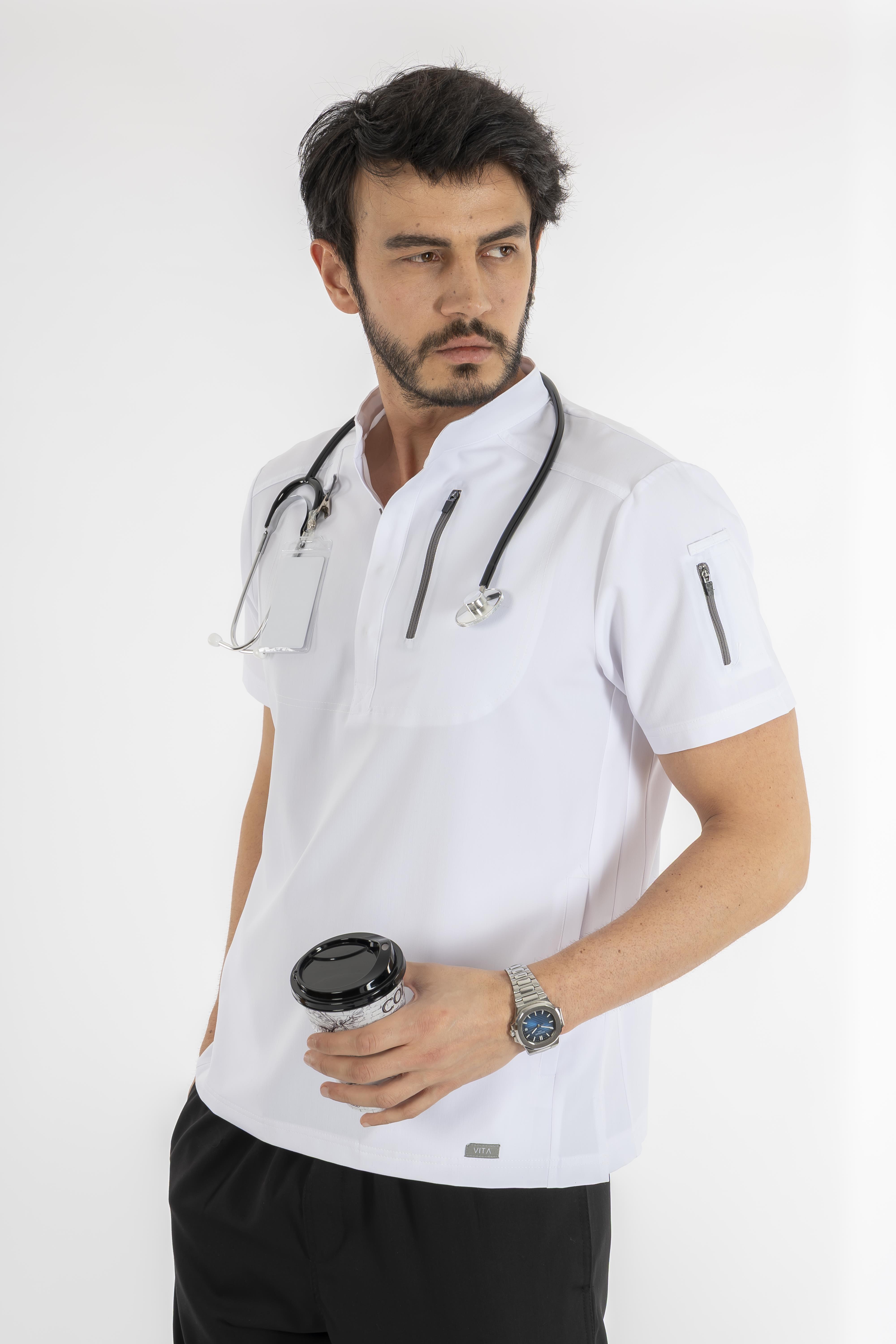 Freddo Vita Beyaz Üst Erkek Scrubs Cerrahi Forma - Medikal Giyim Uniform