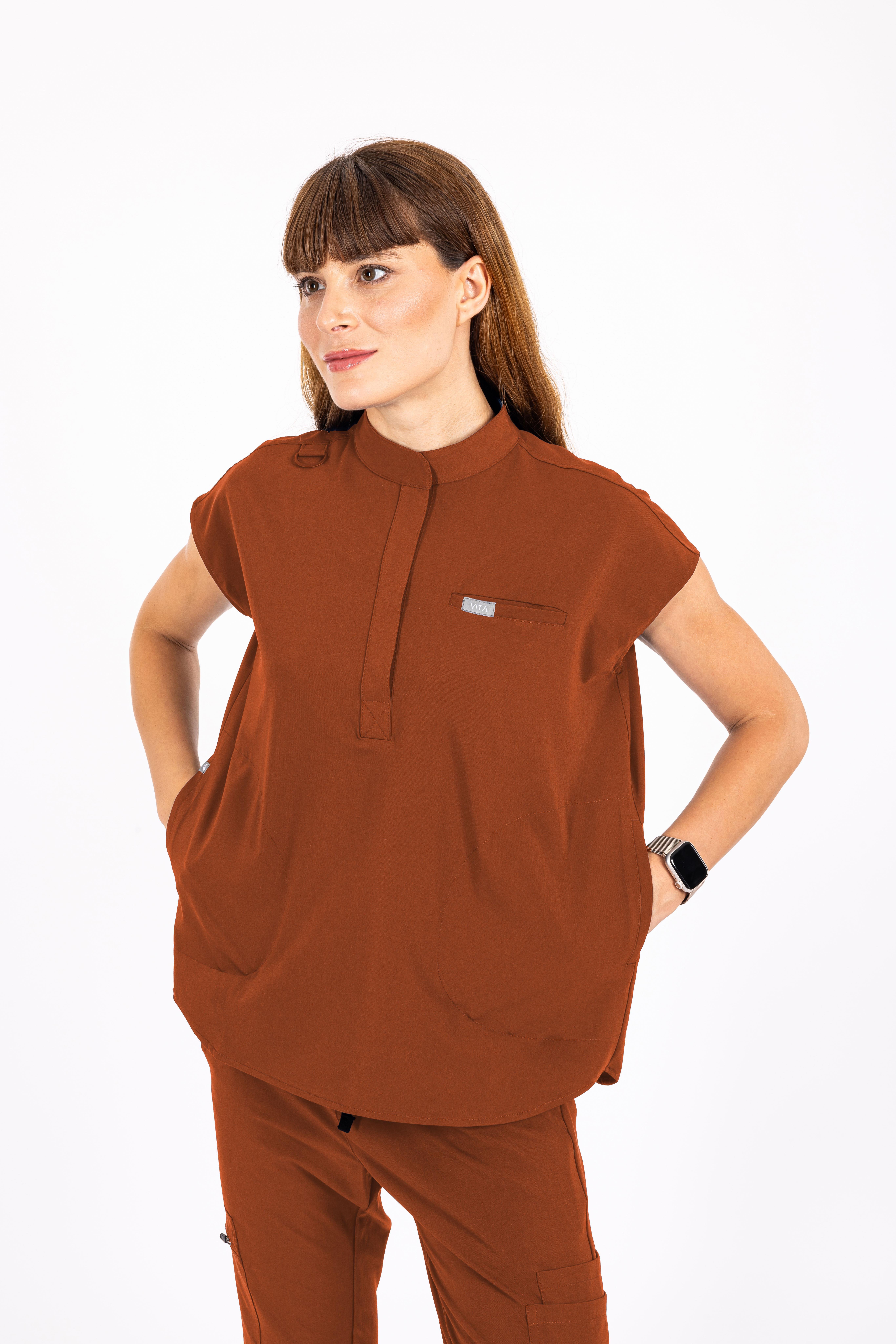 Elegante Vita Kiremit Üst Kadın Scrubs Cerrahi Forma - Medikal Giyim Uniform