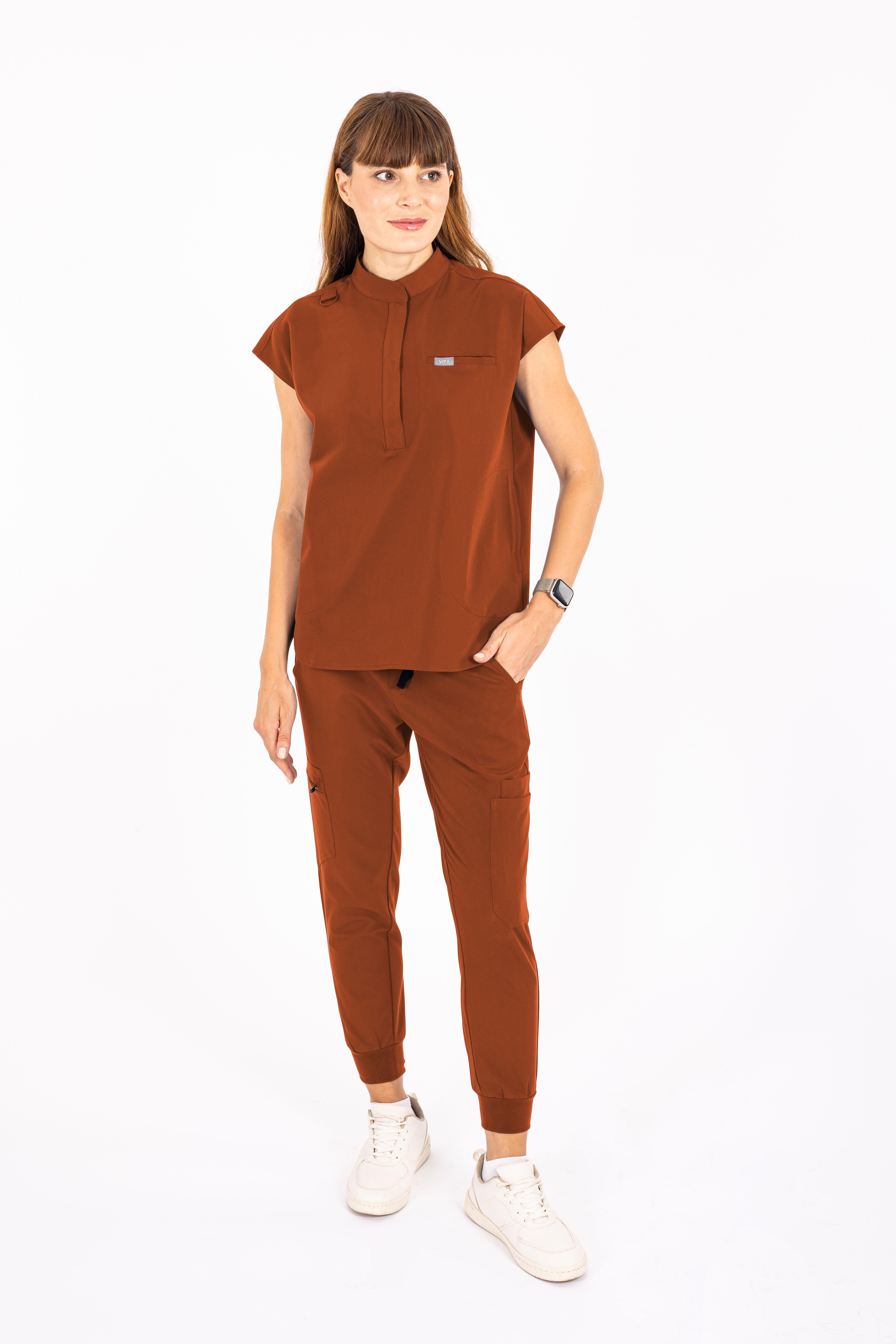 Elegante Vita Kiremit Üst Kadın Scrubs Cerrahi Forma - Medikal Giyim Uniform
