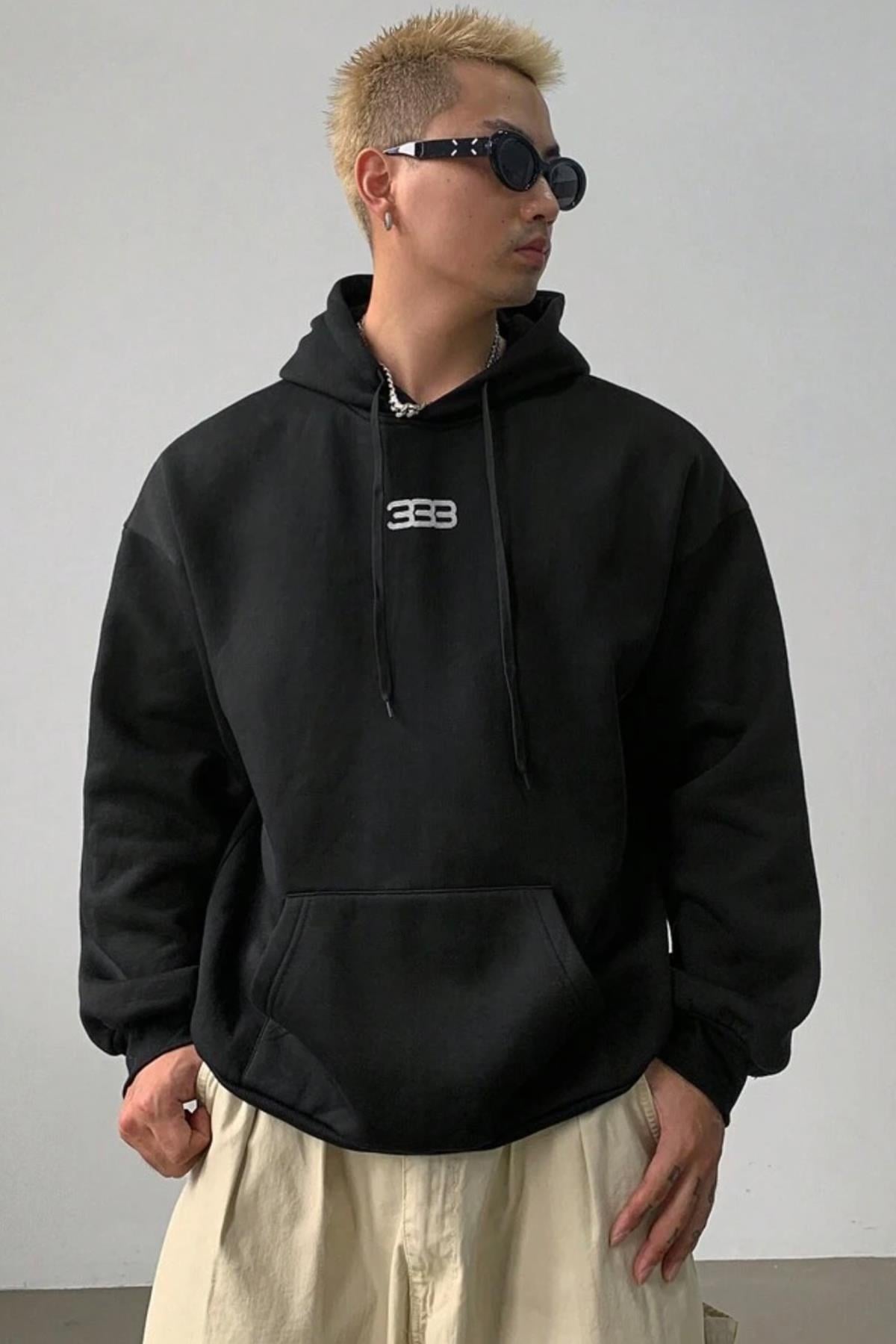 Erkek 333 Baskılı Kapüşonlu Siyah Oversize Sweatshirt  - www.northlondon.com.tr