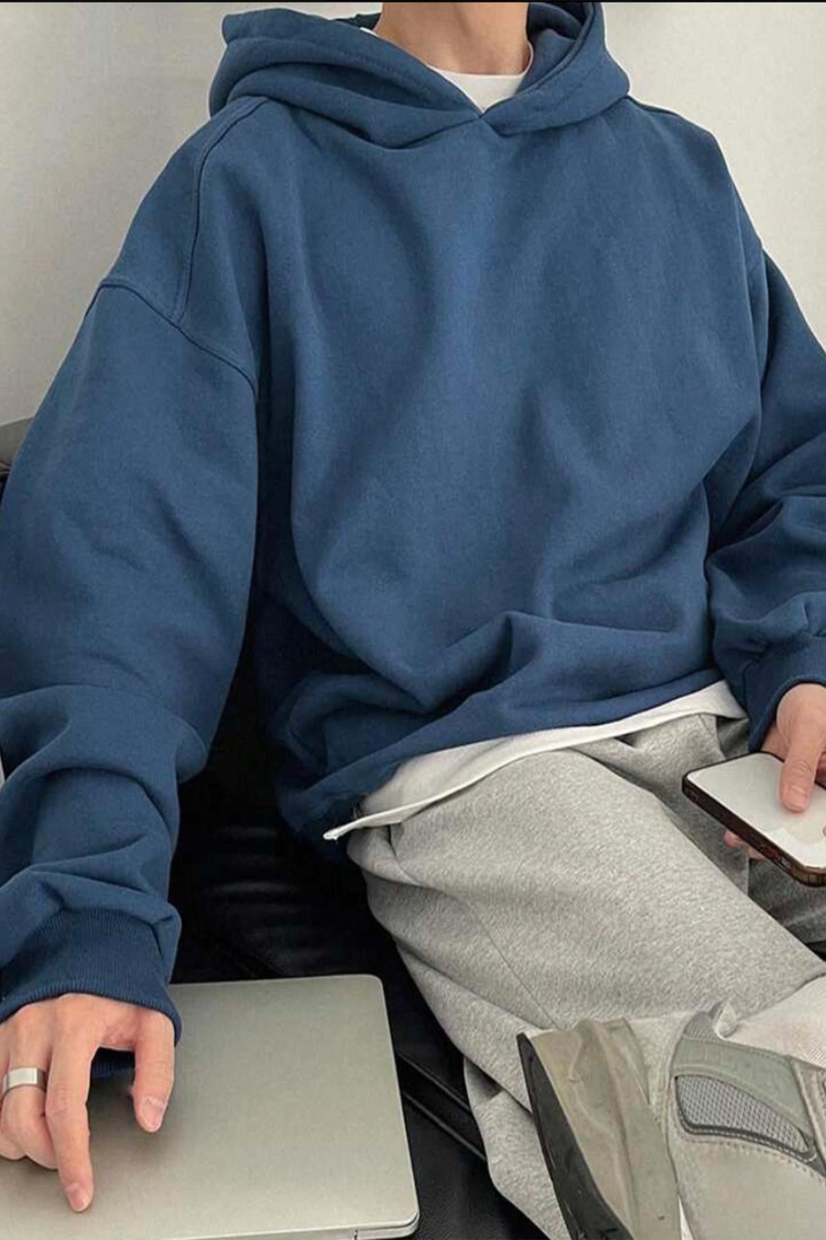 Kapüşonlu İndigo Oversize Sweatshirt  - www.northlondon.com.tr