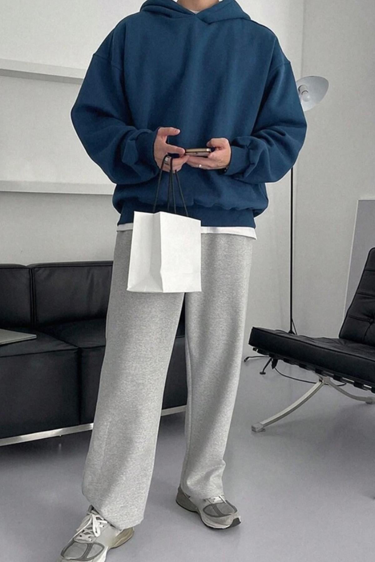 Kapüşonlu İndigo Oversize Sweatshirt  - www.northlondon.com.tr