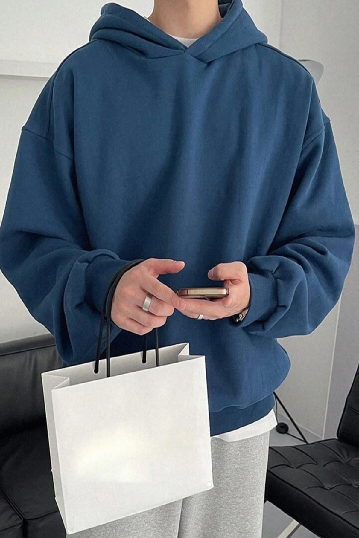 Kapüşonlu İndigo Oversize Sweatshirt  - www.northlondon.com.tr