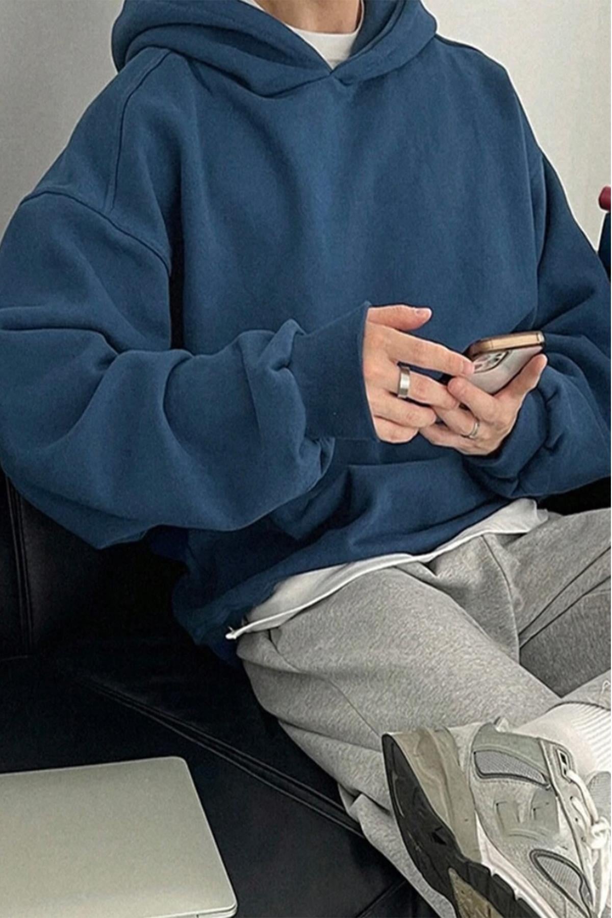 Kapüşonlu İndigo Oversize Sweatshirt  - www.northlondon.com.tr
