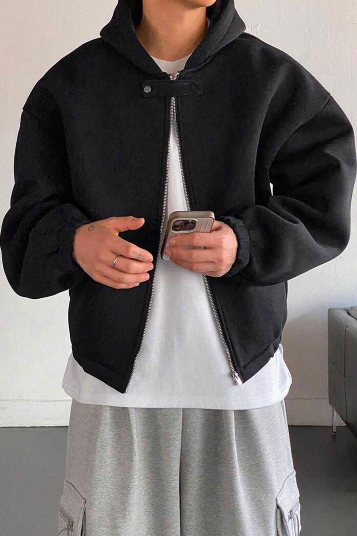 North London Erkek Önü Düğmeli Fermuarlı Üç İplik Şardonlu Siyah Oversize Sweatshirt - www.northlondon.com.tr
