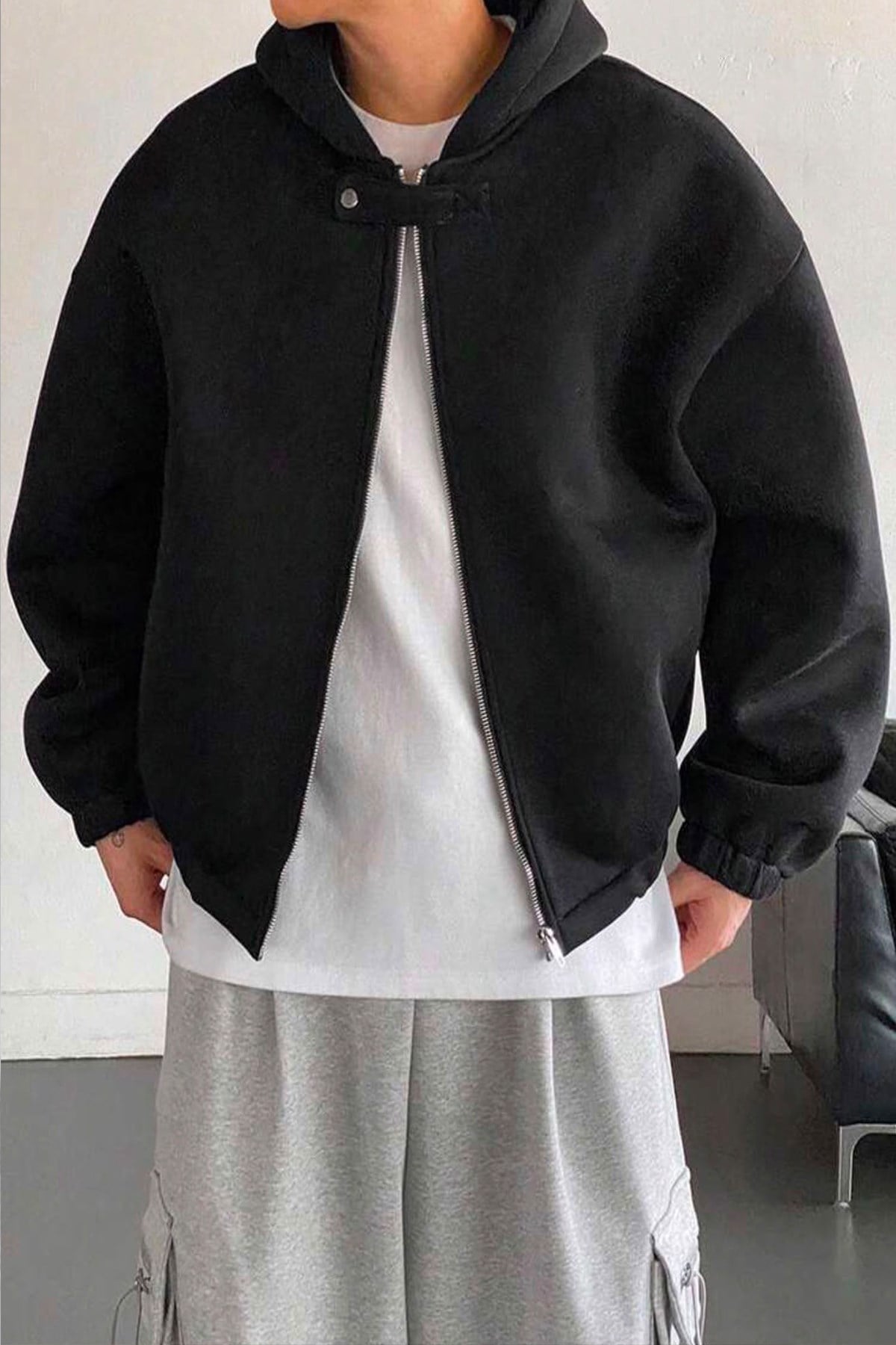 North London Erkek Önü Düğmeli Fermuarlı Üç İplik Şardonlu Siyah Oversize Sweatshirt - www.northlondon.com.tr