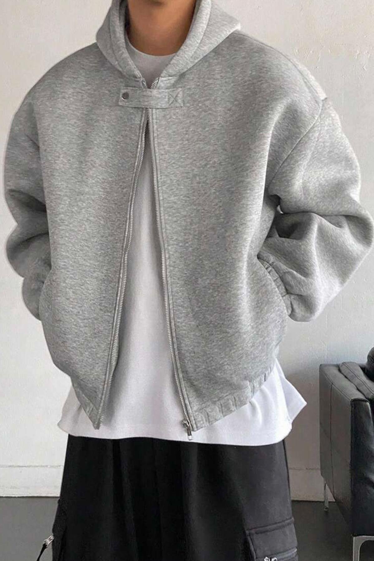 North London Erkek Renk Bloklu Üç İplik Gri Oversize Sweatshirt - www.northlondon.com.tr