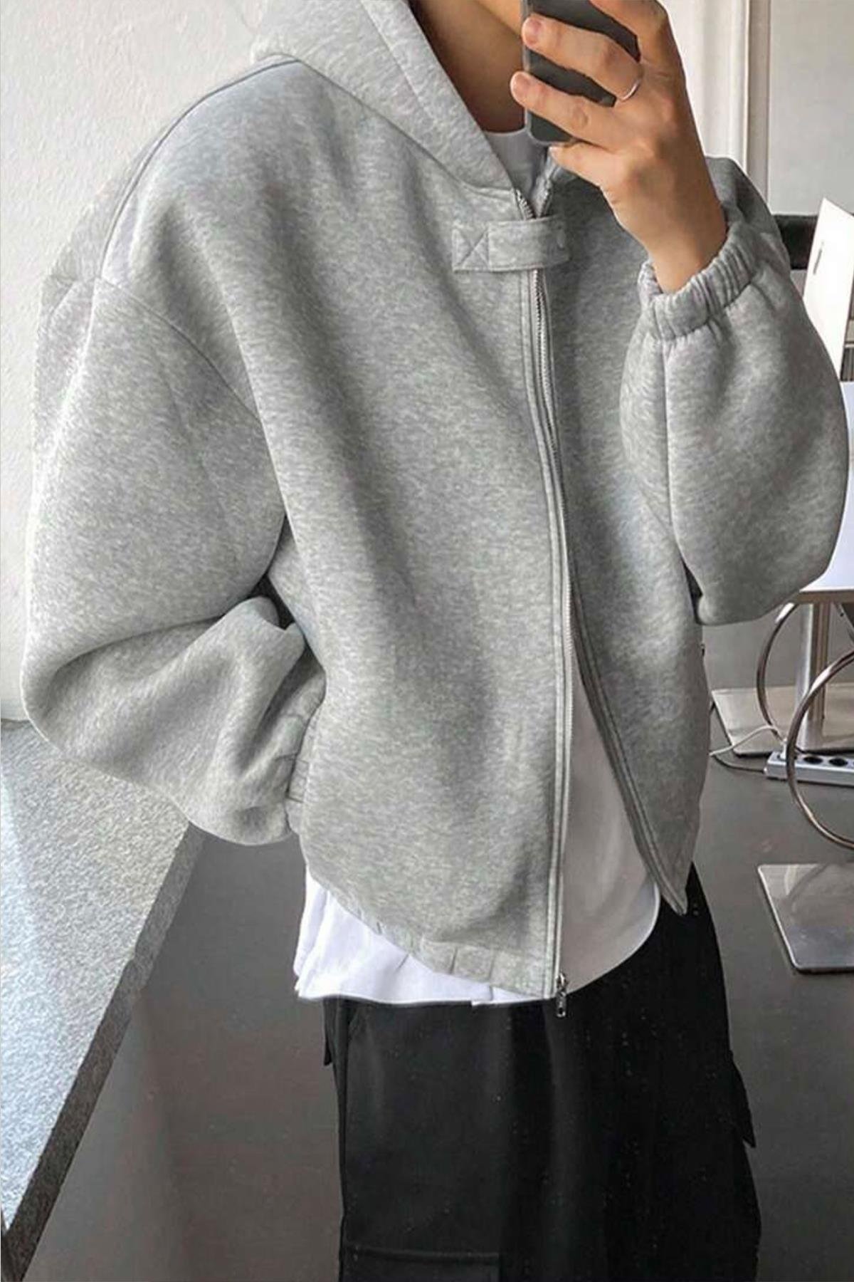 North London Erkek Renk Bloklu Üç İplik Gri Oversize Sweatshirt - www.northlondon.com.tr