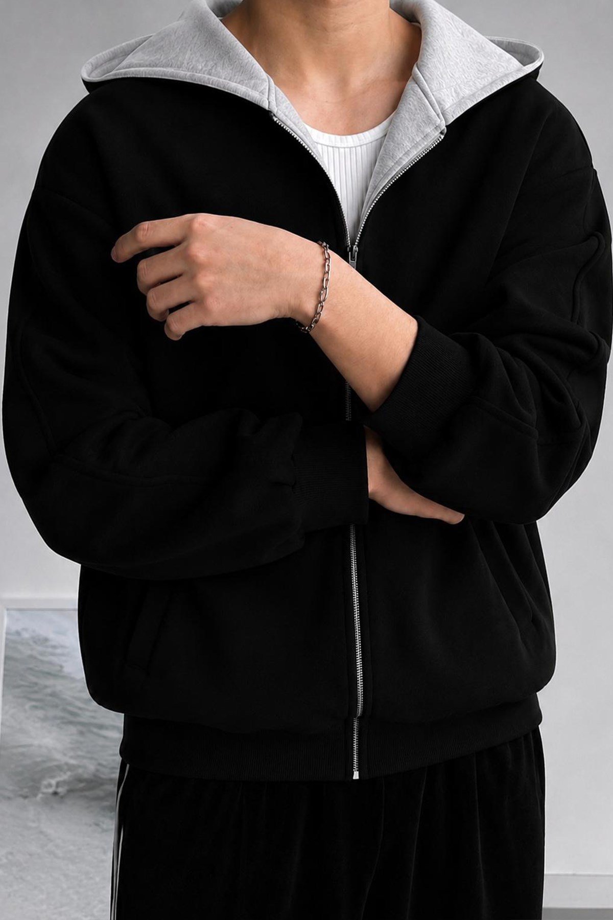 North London Erkek Renk Bloklu Üç İplik Siyah Oversize Sweatshirt - www.northlondon.com.tr