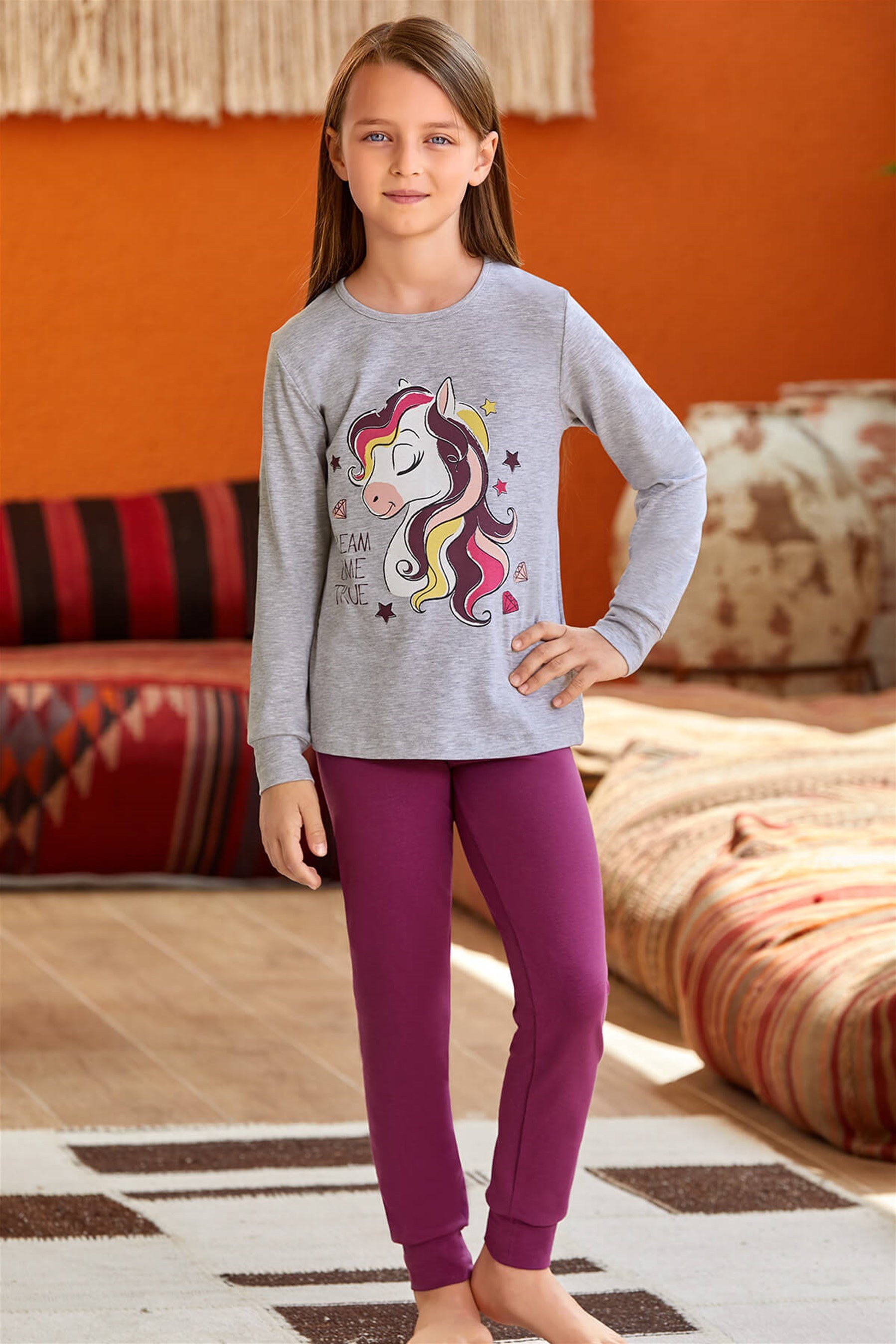 9136 Kız Çocuk Pijama Takımı Mürdüm