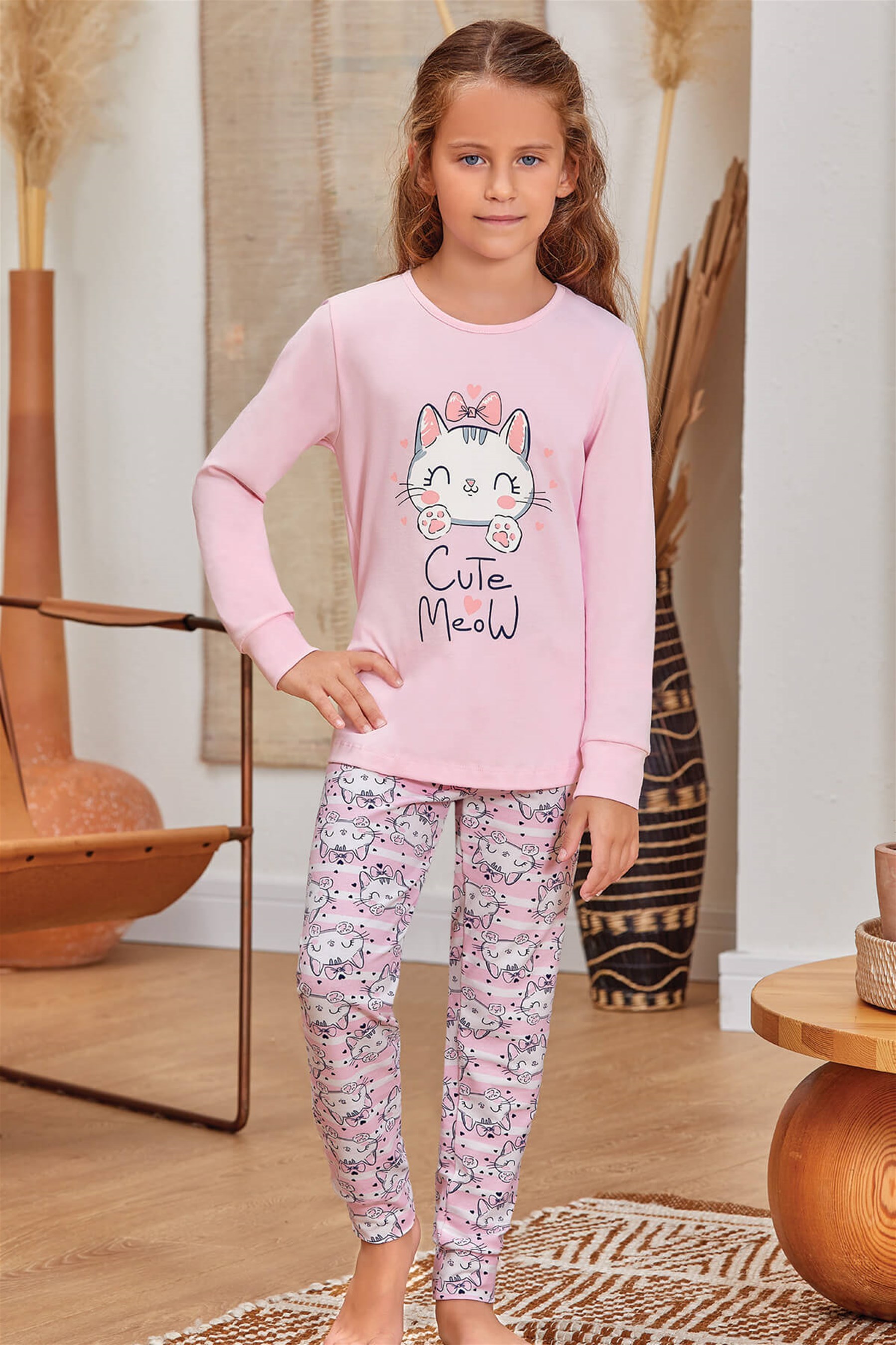 9139 Kız Çocuk Pijama Takımı Pudra