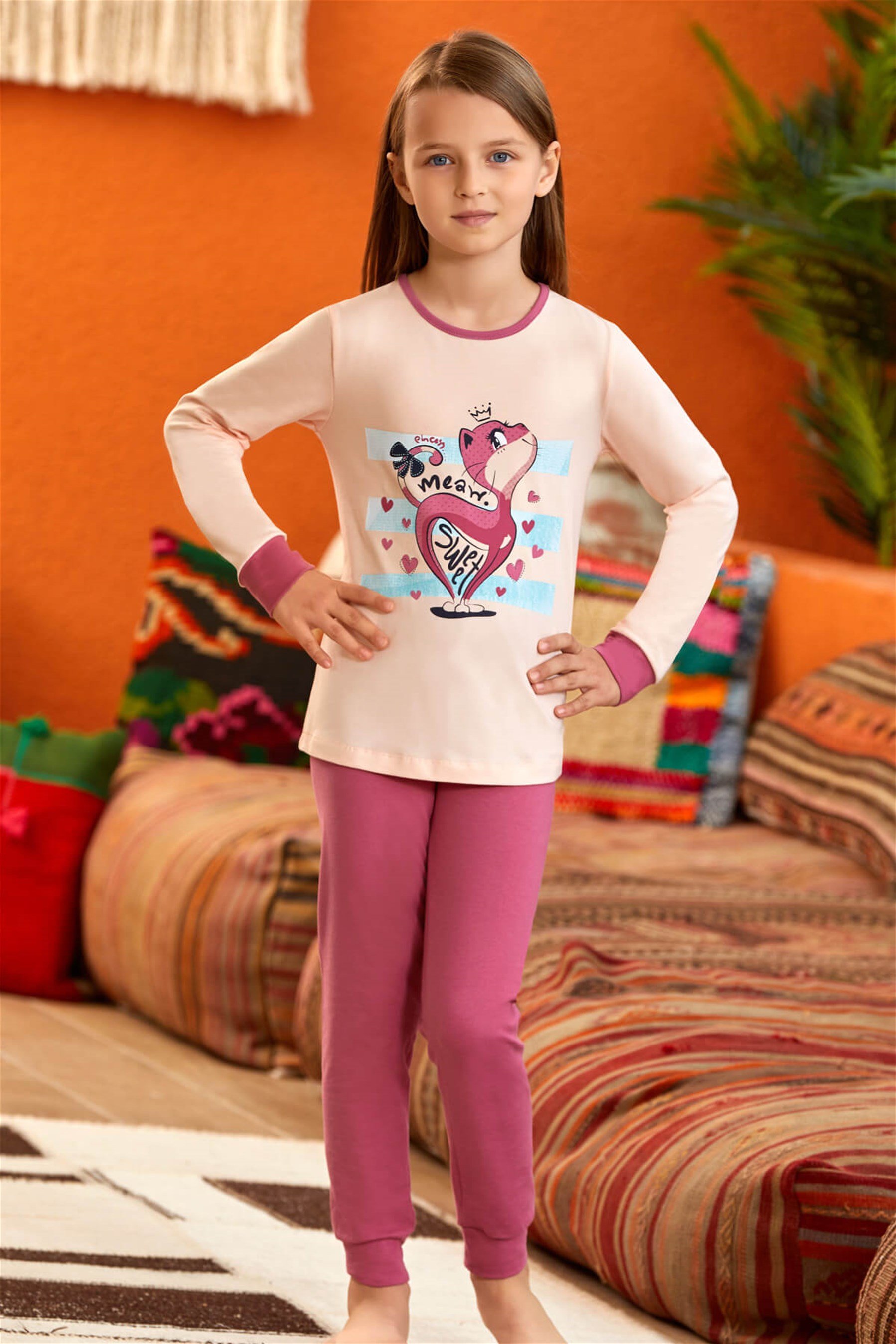 9142 Kız Çocuk Pijama Takımı Somon