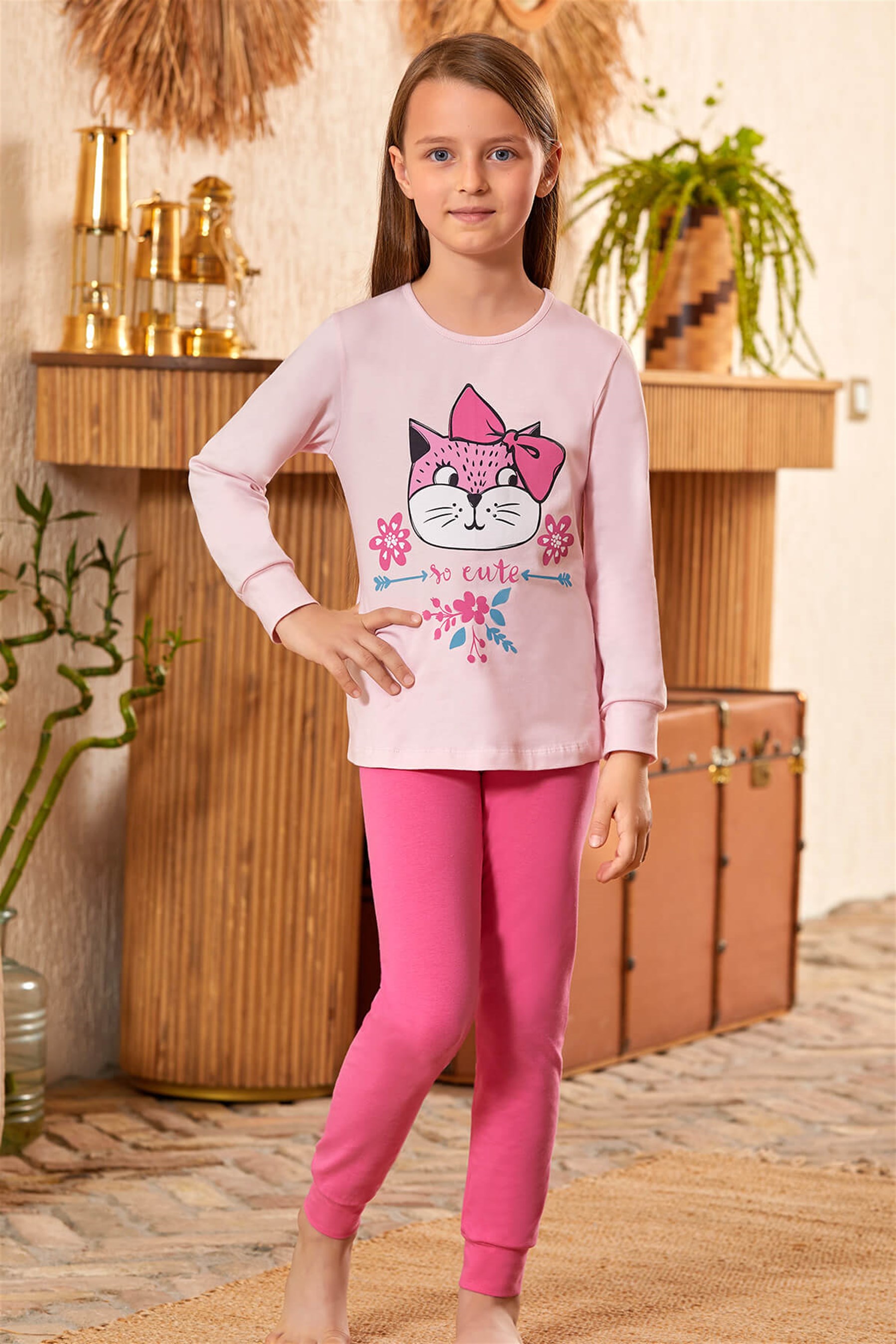 9144 Kız Çocuk Pijama Takımı Pembe