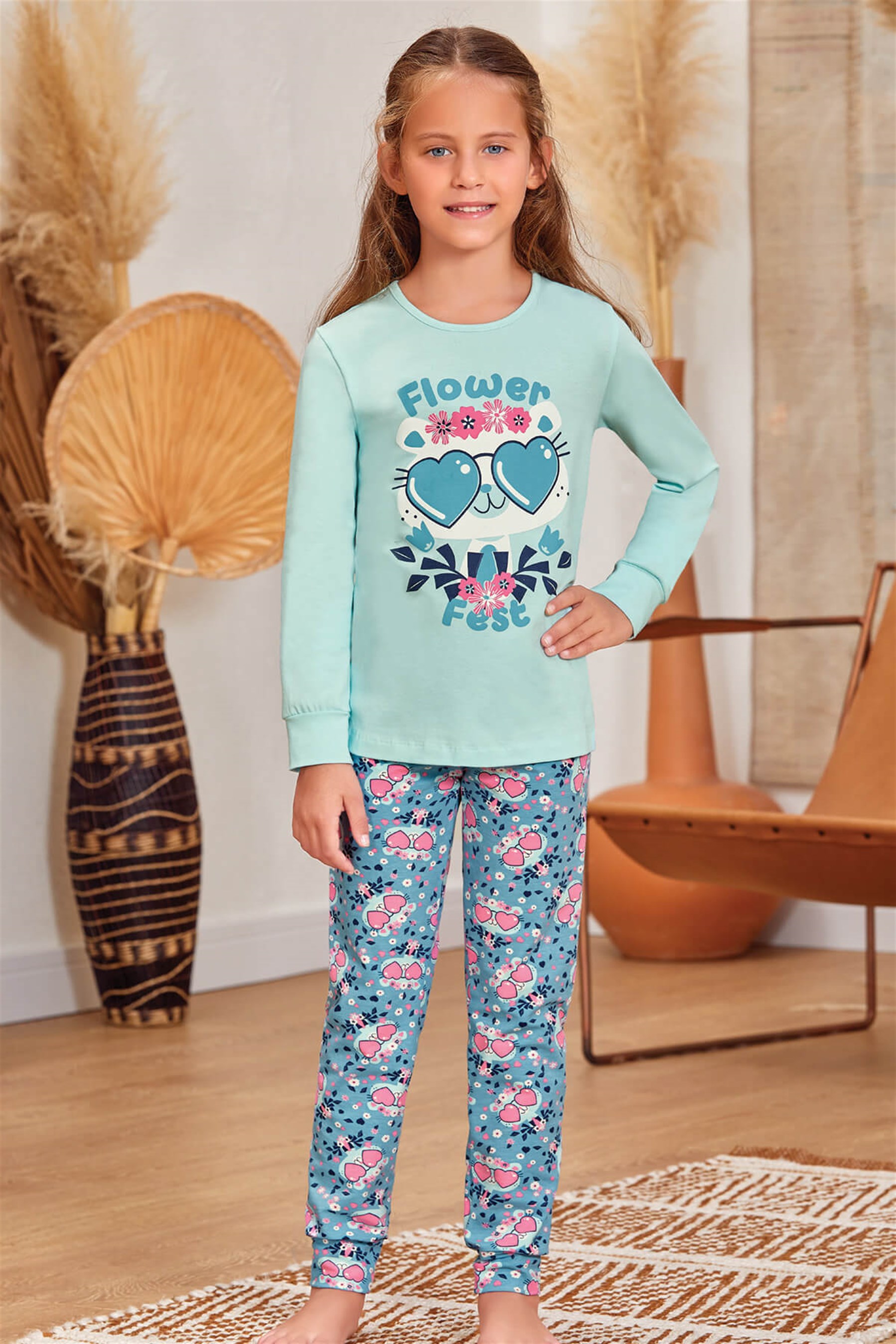 9145 Kız Çocuk Pijama Takımı Turkuaz