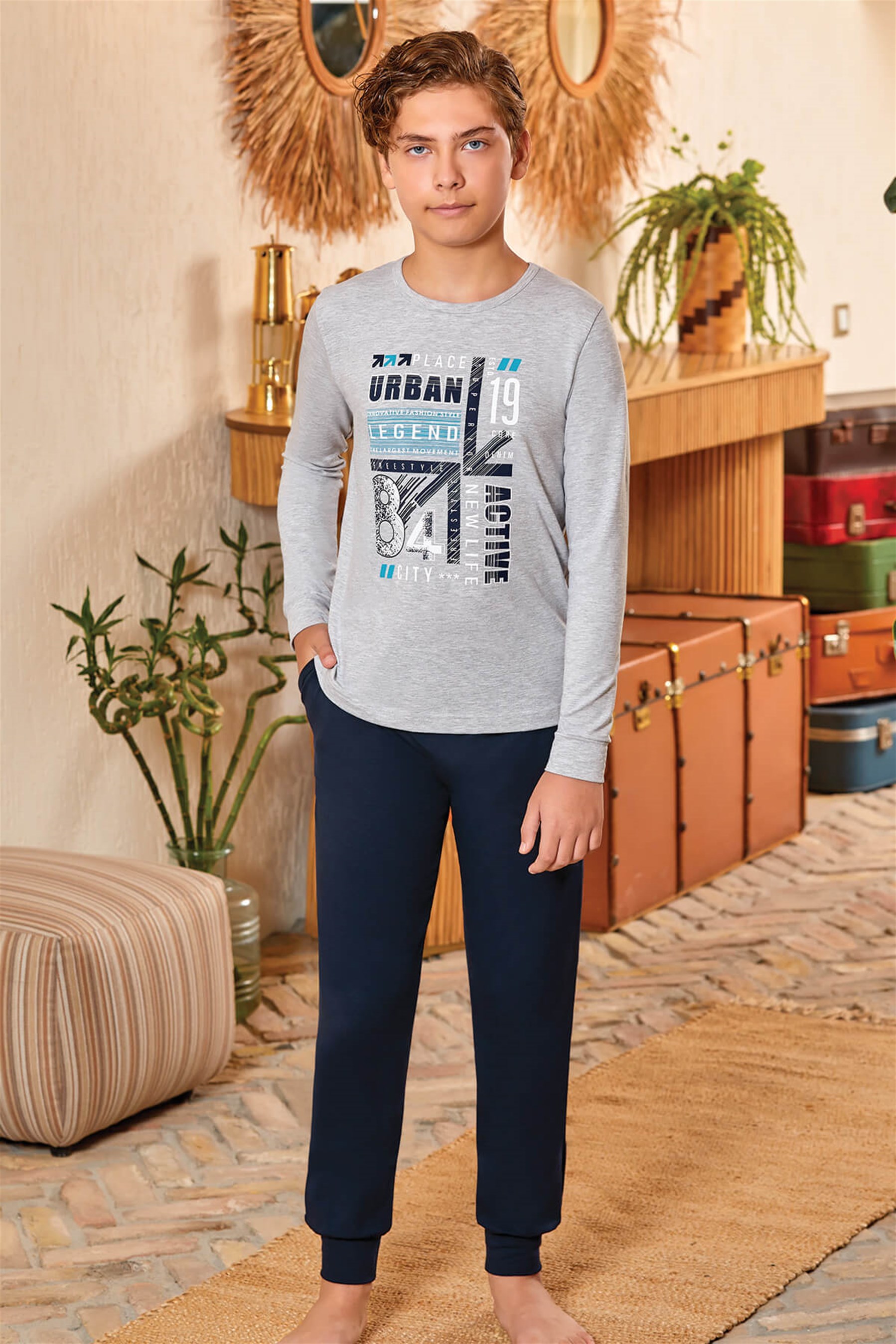 9604 Erkek Çocuk Pijama Takımı Gri