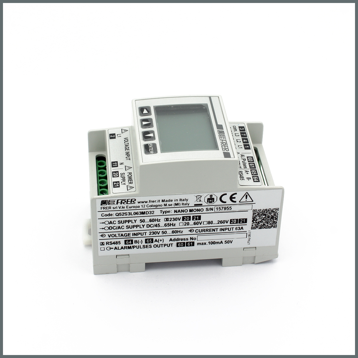 Frer NANO Mono Enerji Analizörü Giriş:63A AT dahil, 230V, RS485 Modbus