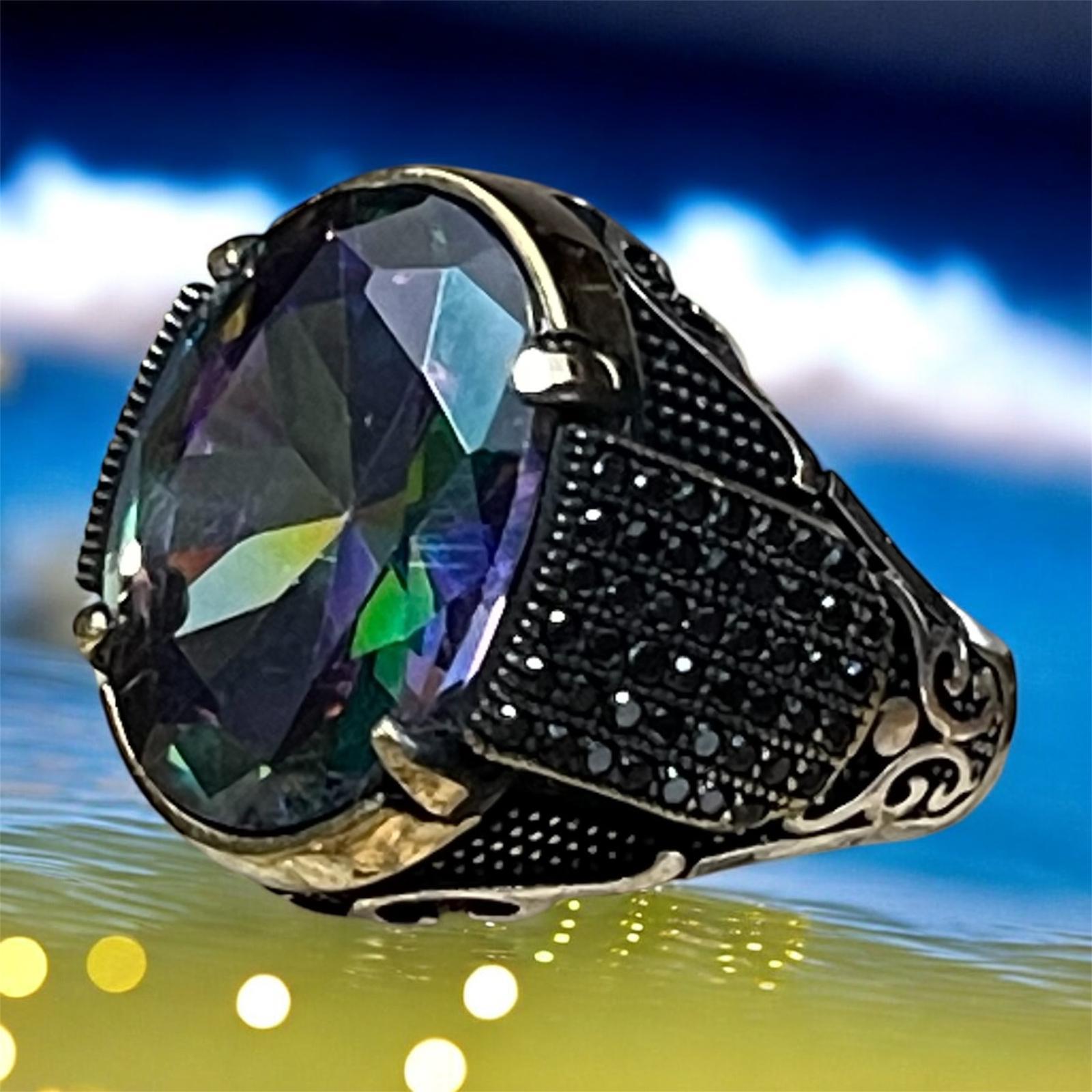 Üstü Mistik Topaz Kenarlar Mikro Zirkon Taşlı Gümüş Erkek Yüzük