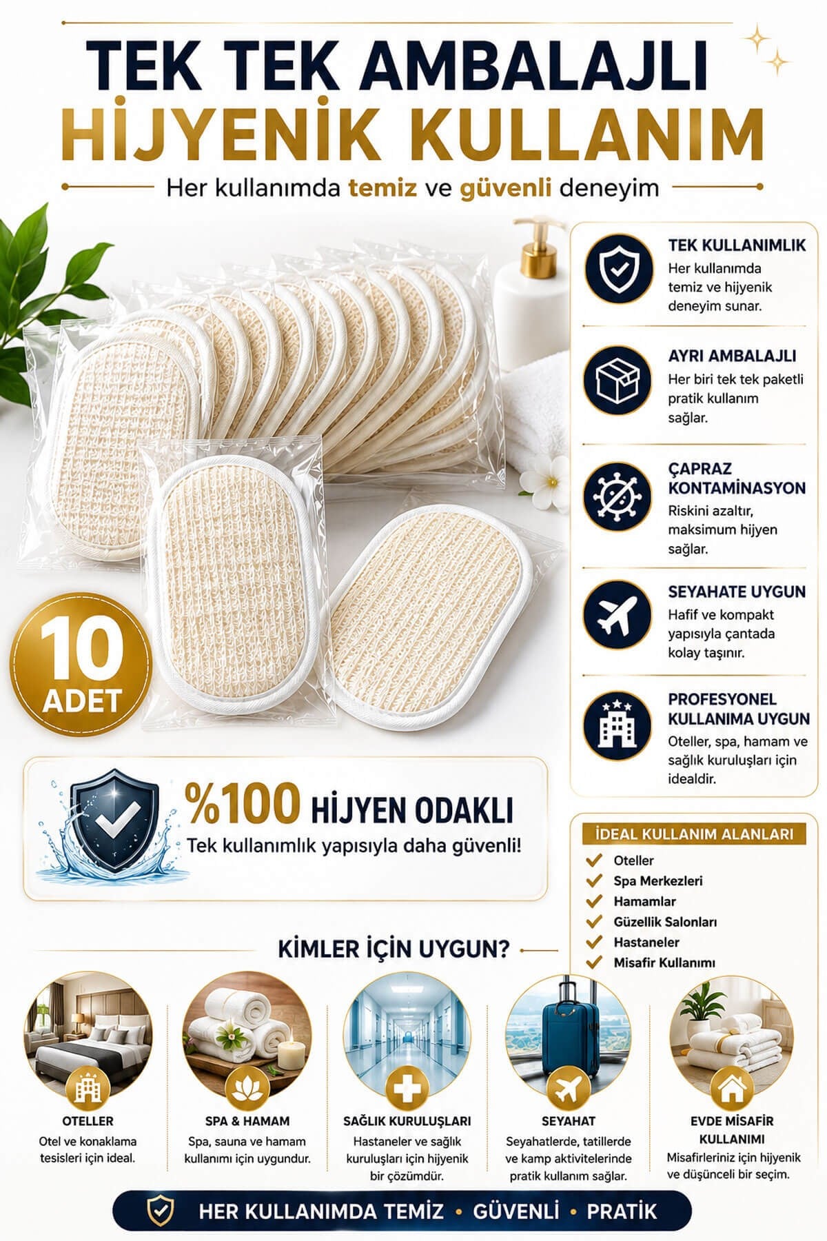 10 Adet Tek Kullanımlık Banyo Lifi 10x15 cm Hijyenik El Geçirmeli Duş, Spa, Otel ve Seyahat Lifi