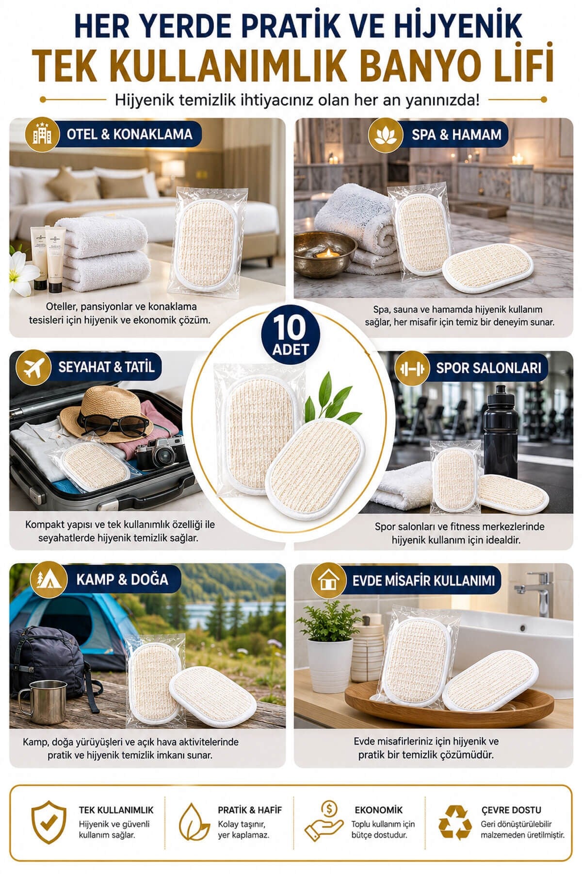 10 Adet Tek Kullanımlık Banyo Lifi 10x15 cm Hijyenik El Geçirmeli Duş, Spa, Otel ve Seyahat Lifi