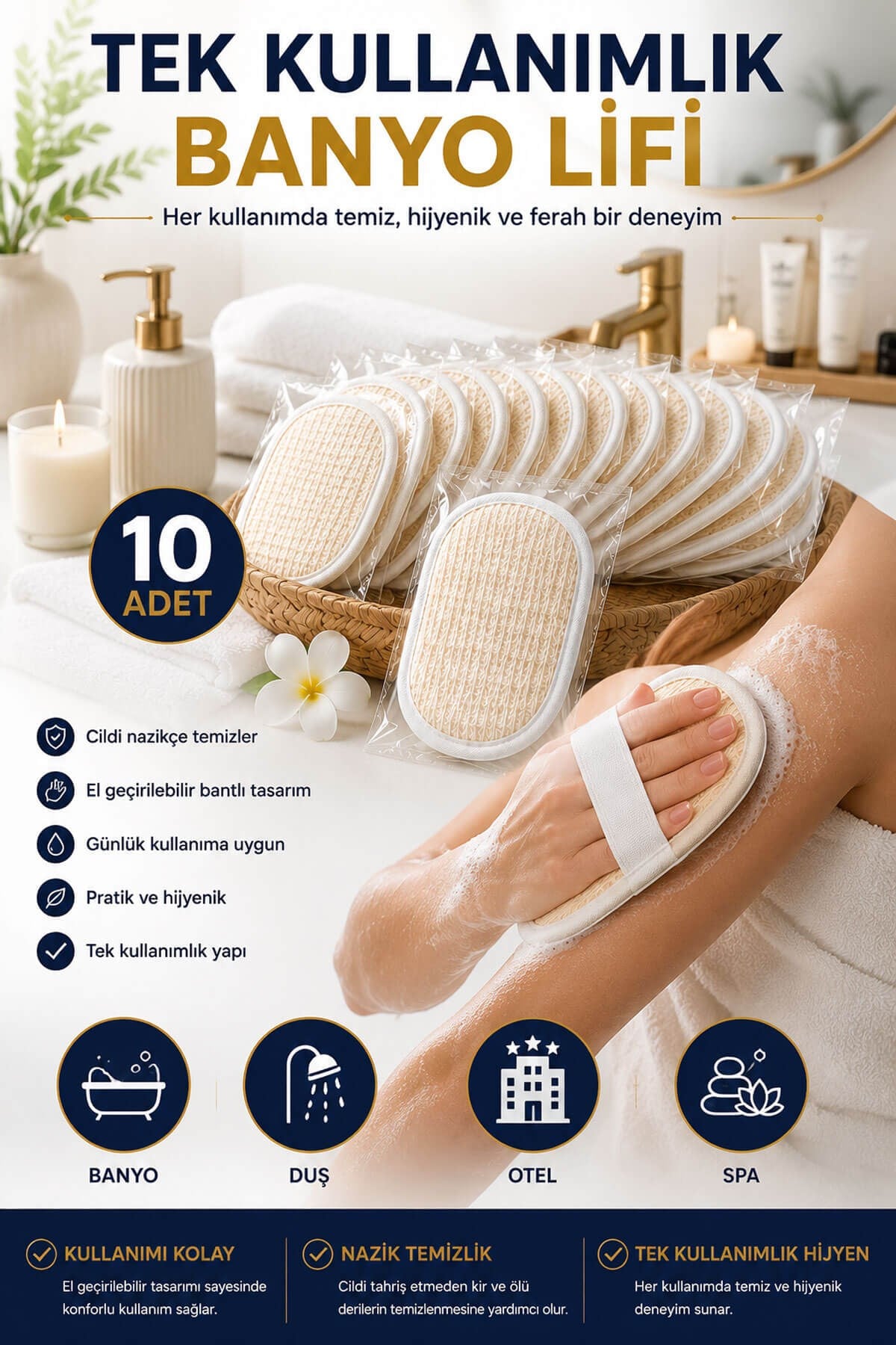 10 Adet Tek Kullanımlık Banyo Lifi 10x15 cm Hijyenik El Geçirmeli Duş, Spa, Otel ve Seyahat Lifi